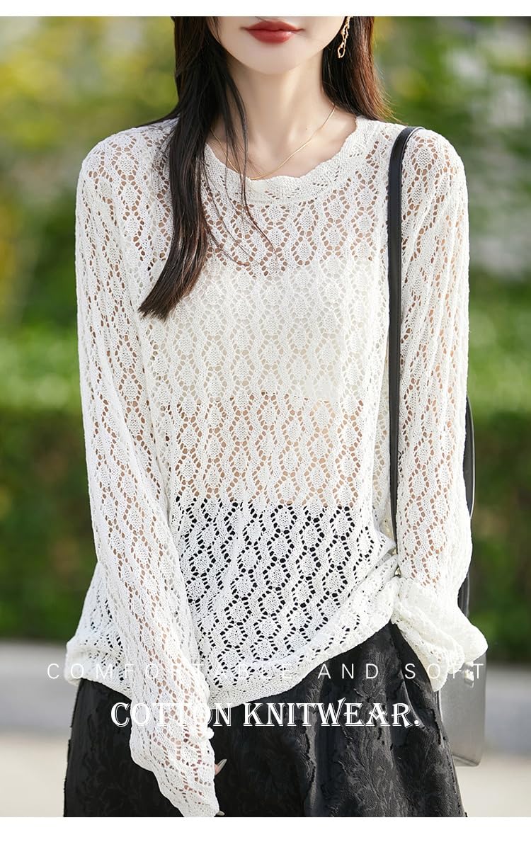 Maglia Donna Elegante Top Estivi da Donna all'Uncinetto Maglioni Leggeri in Lino A Maglia Maniche Lunghe Maglione Traforato Copricostume da Spiaggia in Maglia per Donna Pullover Traspare