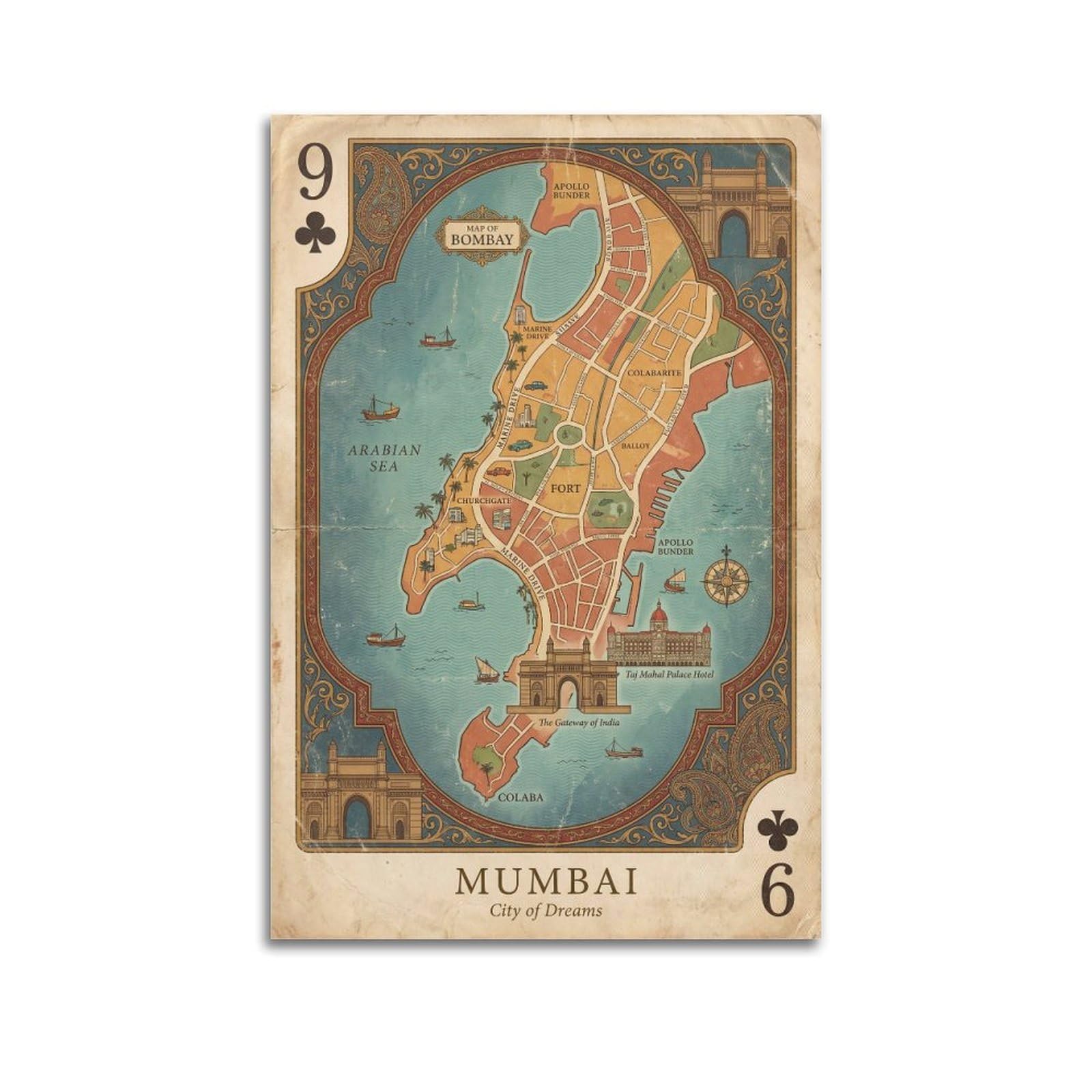 OKNGB Vintage City Map Poster Mumbai India Harbour Playing Card Style Decorative Painting Canvas Art Picture 24x36inch(60x90cm)