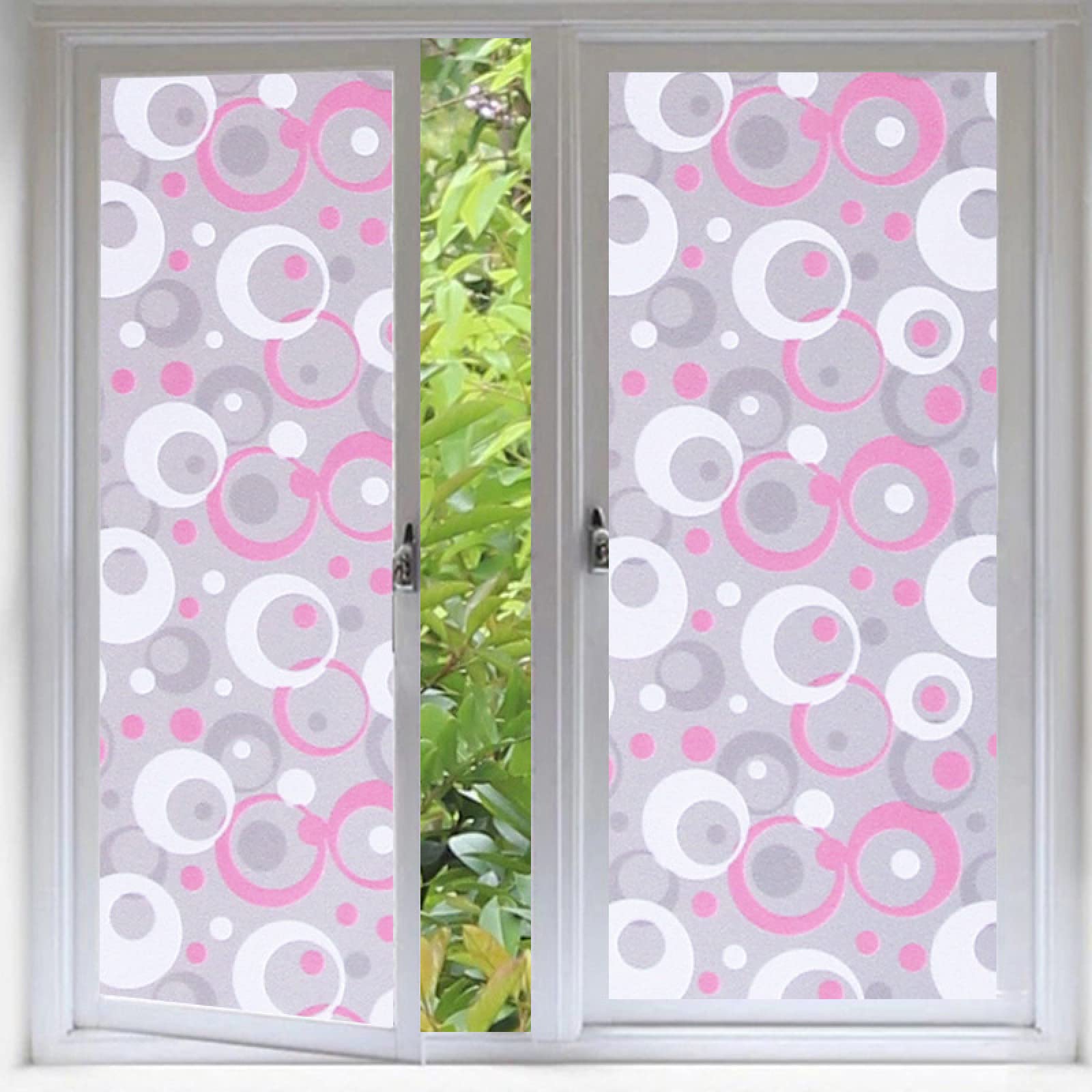 Frosted Window Film Pink Circle White Window Film Privacy Self Adhesive Static Cling Privacy Window Film No Glue Window Privacy Film Bathroom Privacy Film for Glass Windows Living Room 60x200cm