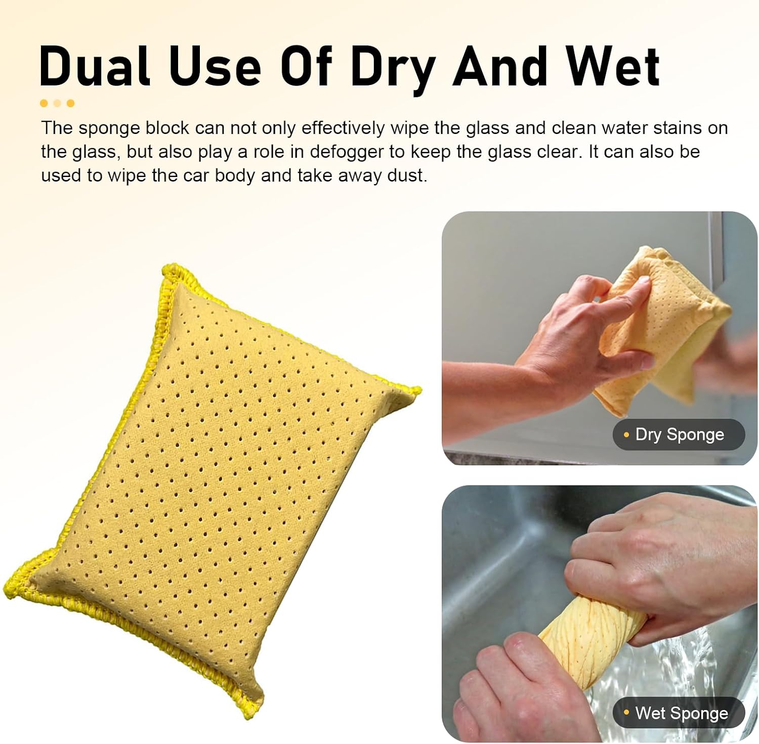 Car Windshield Cleaner Sponge Block, Super Absorbent Non-woven Window Defogger, Portable Double-sided Microporous Suede Sponge, Washable Reusable Cleaning Tool for Car (Yellow)
