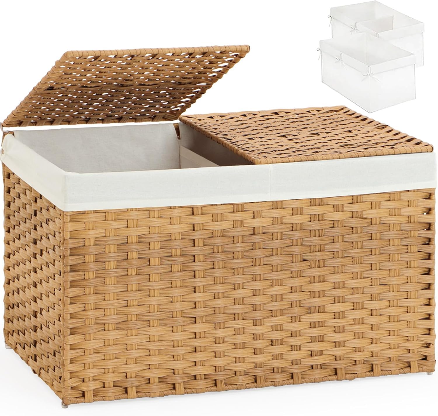 65L Wicker Storage Basket with 2 Separate Lid,Handwoven Rattan Wicker Storage Trunk with 2 Removable Liner, Rattan Woven Storage Box with Handles, for Bedroom, Laundry Room (Natural, 64x39x41cm)