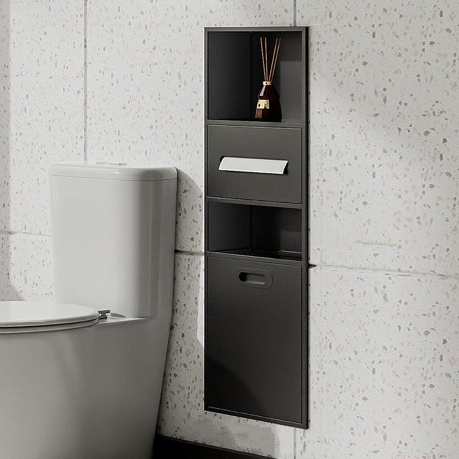 Mensola da parete in acciaio inox con cestino integrato impermeabile, porta accessori da bagno, dispenser di carta igienica e portascopino