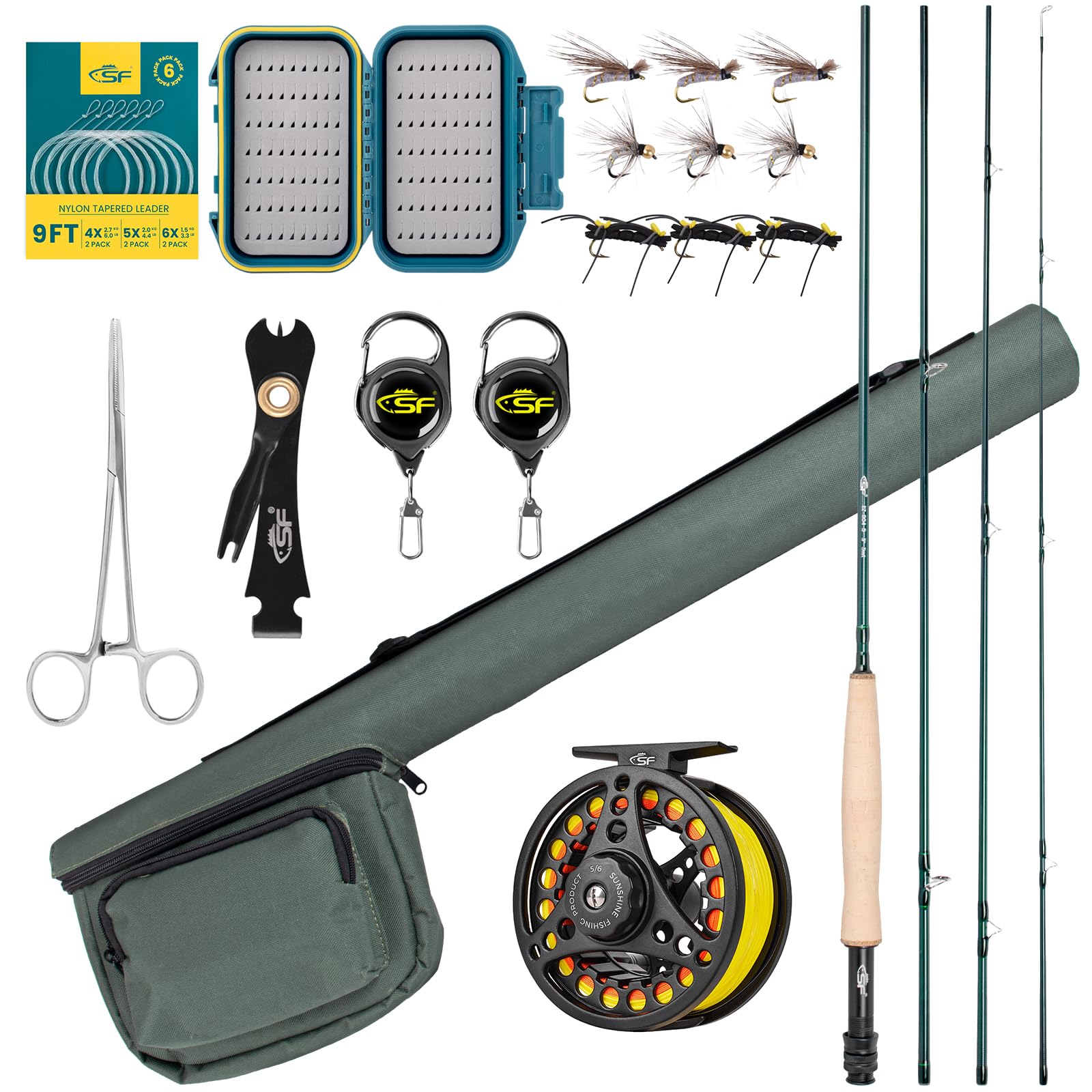 SF Fly Fishing Rod Combo Starter Kit Semi Gloss Green Jade Finish 24T Carbon Fiber Trout Travel Fly Rod with Reel,Fly Rod case,Fly Box , Flies,Tapered Leader,Knot Tying Tools