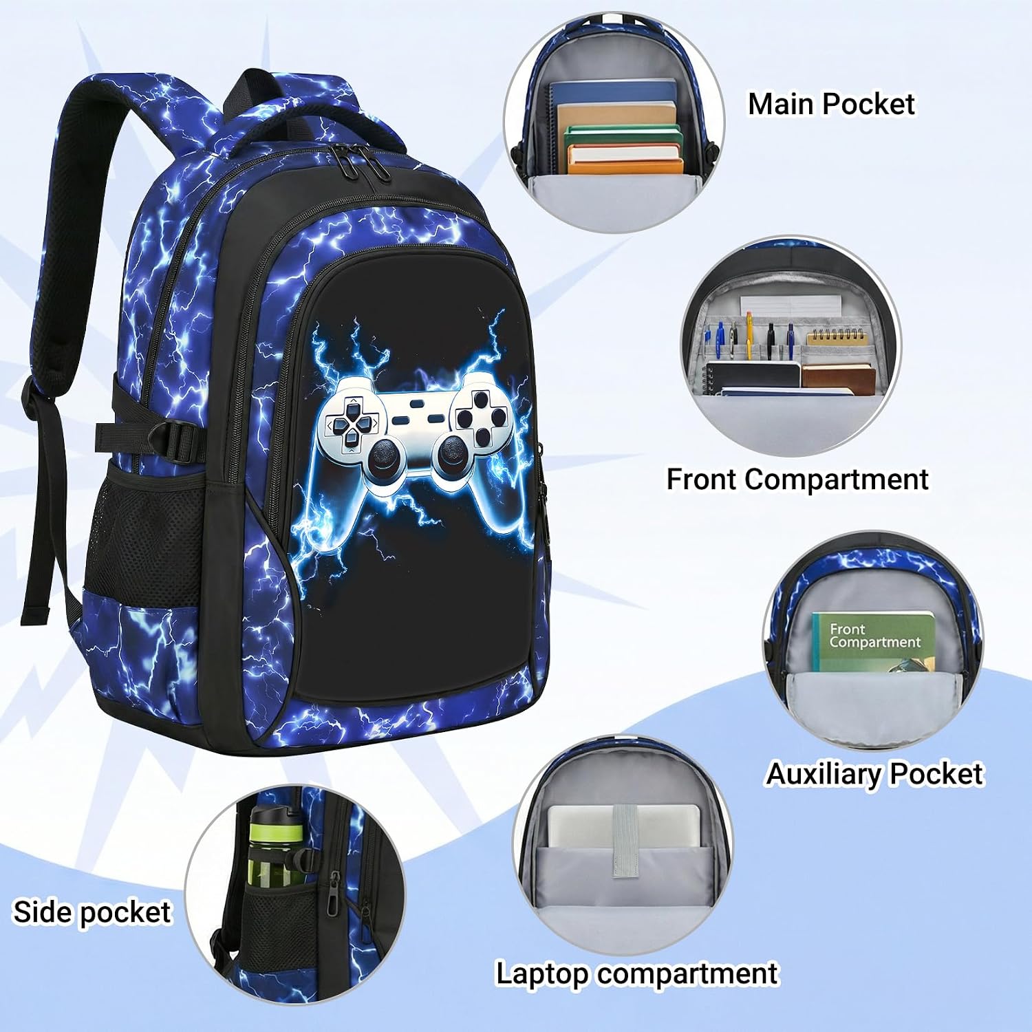 School Backpack for Boys - 4pcs Gamer Boys Backpack with Lunch Box Set for Kids Teens Elementary Middle School, 18" Large Capacity Waterproof Bookbag with Usb Charging Port, Daypack for age 6-18