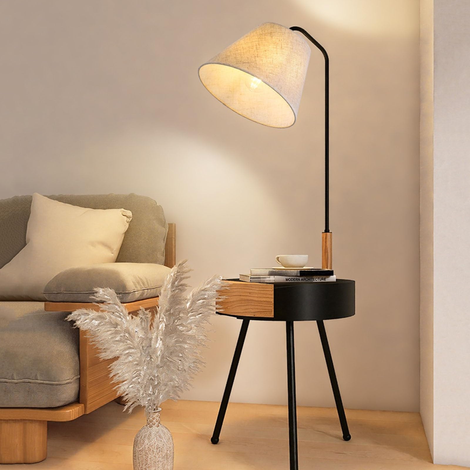 Lampada da Terra Lampada da Terra con Tavolo, tavolino Rustico con cassetti portaoggetti, Comodino for Soggiorno Camera da Letto per Soggiorno
