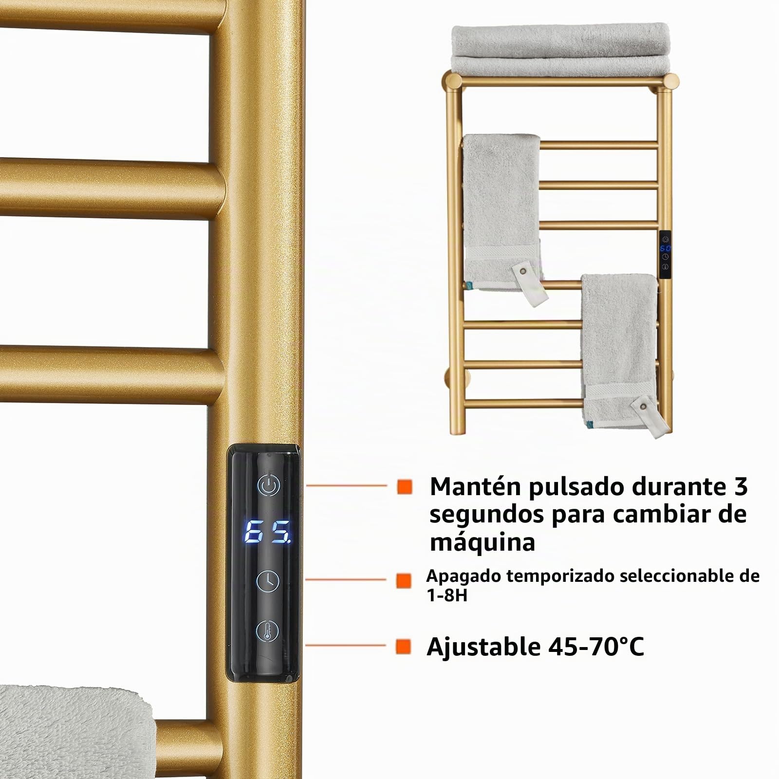 Radiador Toallero Eléctrico, Secado De Toallas De 7 Barras Dorada Con Estante Superior, Calentador De Toallas De Fibra De Carbono De Acero inoxidable Montado En La Pared, 72*45*25 Cm (Plug in)