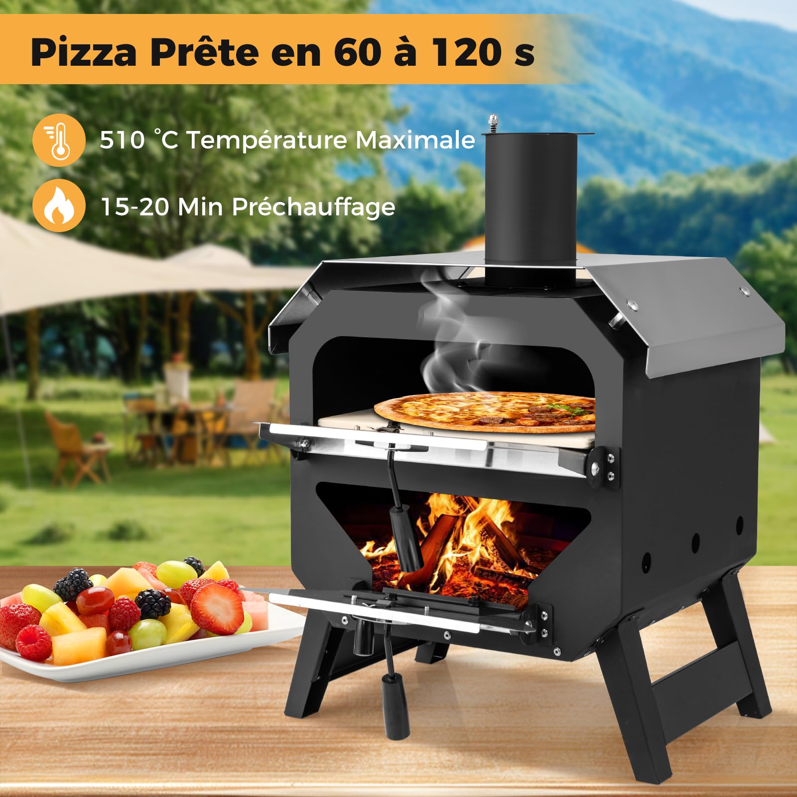 GYMAX Four à Pizza Extérieur à Bois ou à Pellets, Pierre de Cuisson, 510℃, Acier Anti-brûlure, Compact pour BBQ Camping