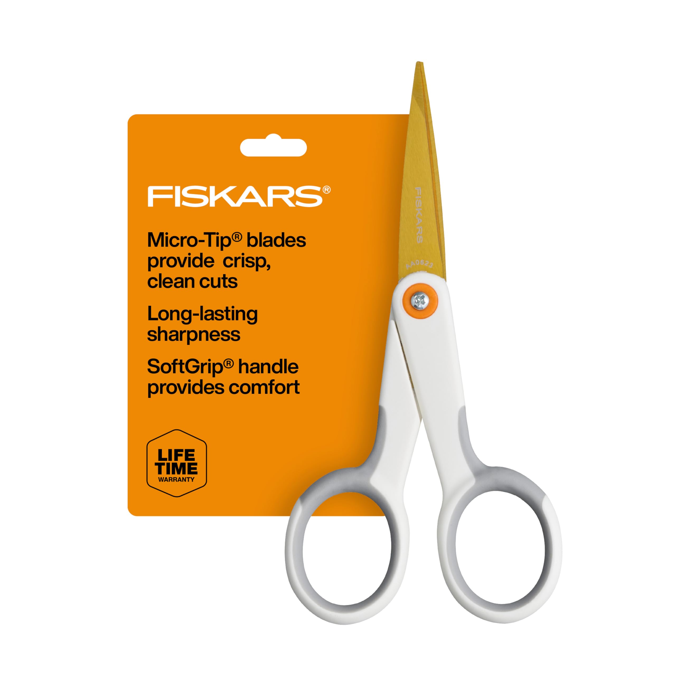 Fiskars Micro-Tip Scissors, Precision Cutting Shears, Titanium Blades & SoftGrip Handle for Intricate Cuts, 5”, White/Gray