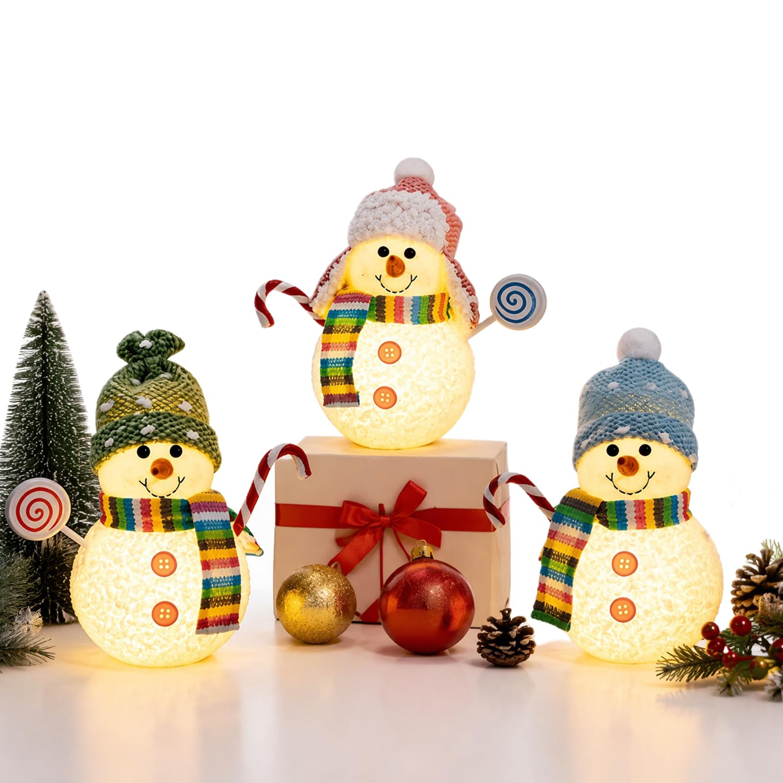 Juego de 3 figuras de muñeco de nieve LED para decoración navideña