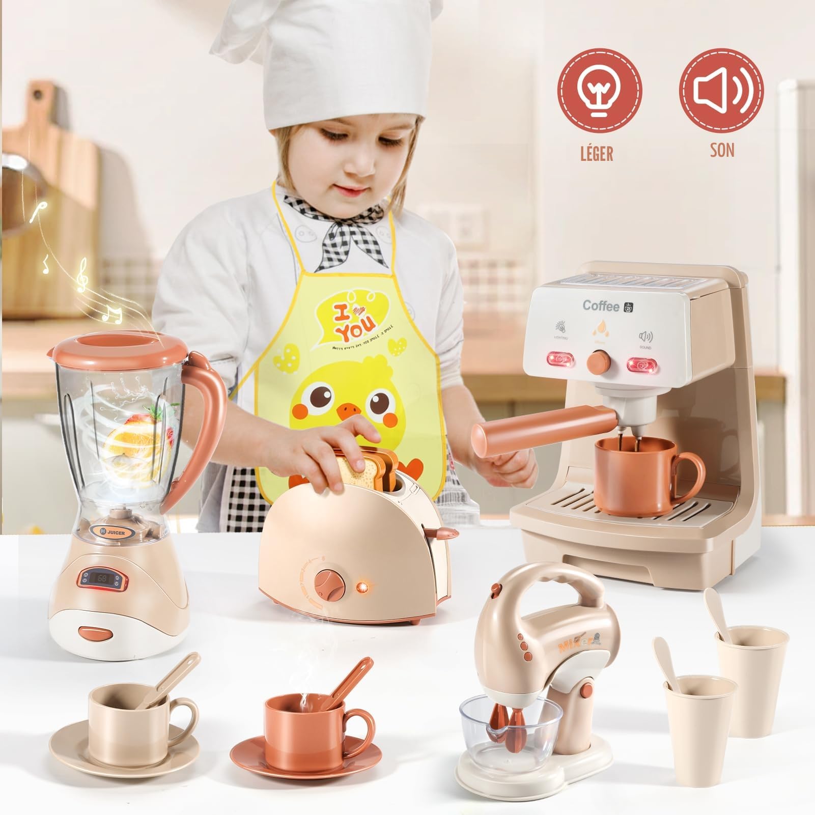Kit Cuisine Enfant avec Accessoires, Blender, Machine à Pain, Tablier , Machine a Cafe , Jouet Enfant 3 Ans