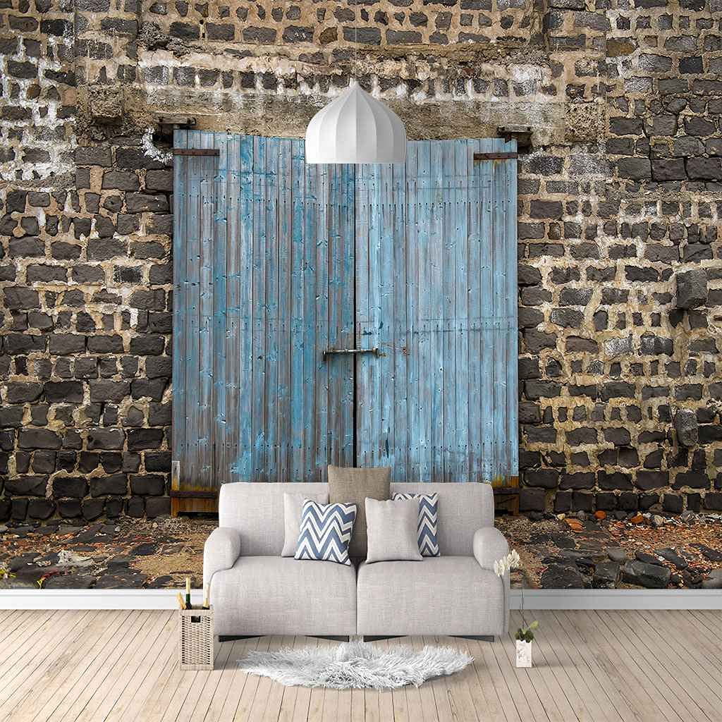 Papier peint 3d porte en bois bleu pour rénover un mur abîmé sans peindre 150x105 cm