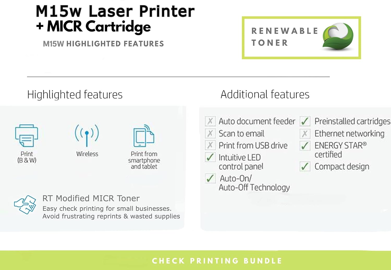 RT LaserJet Pro M15w Monochrome Wireless Printer with OEM Modified 48A CF248A MICR Toner Cartridge for Printing Business and Personal Checks