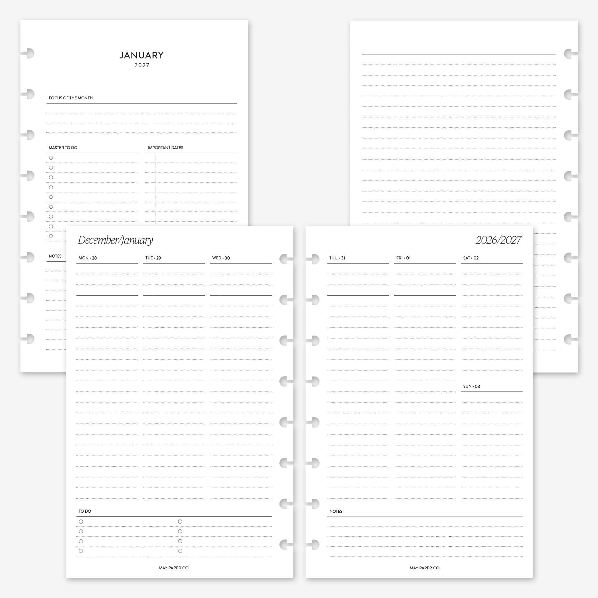 MAY PAPER CO. Ricarica per agenda settimanale 2027, con mezza lettera, settimana su due pagine, per agenda Levenger Circa Junior e Arc 8 Disc da 5,5 x 8,5 (verticale)