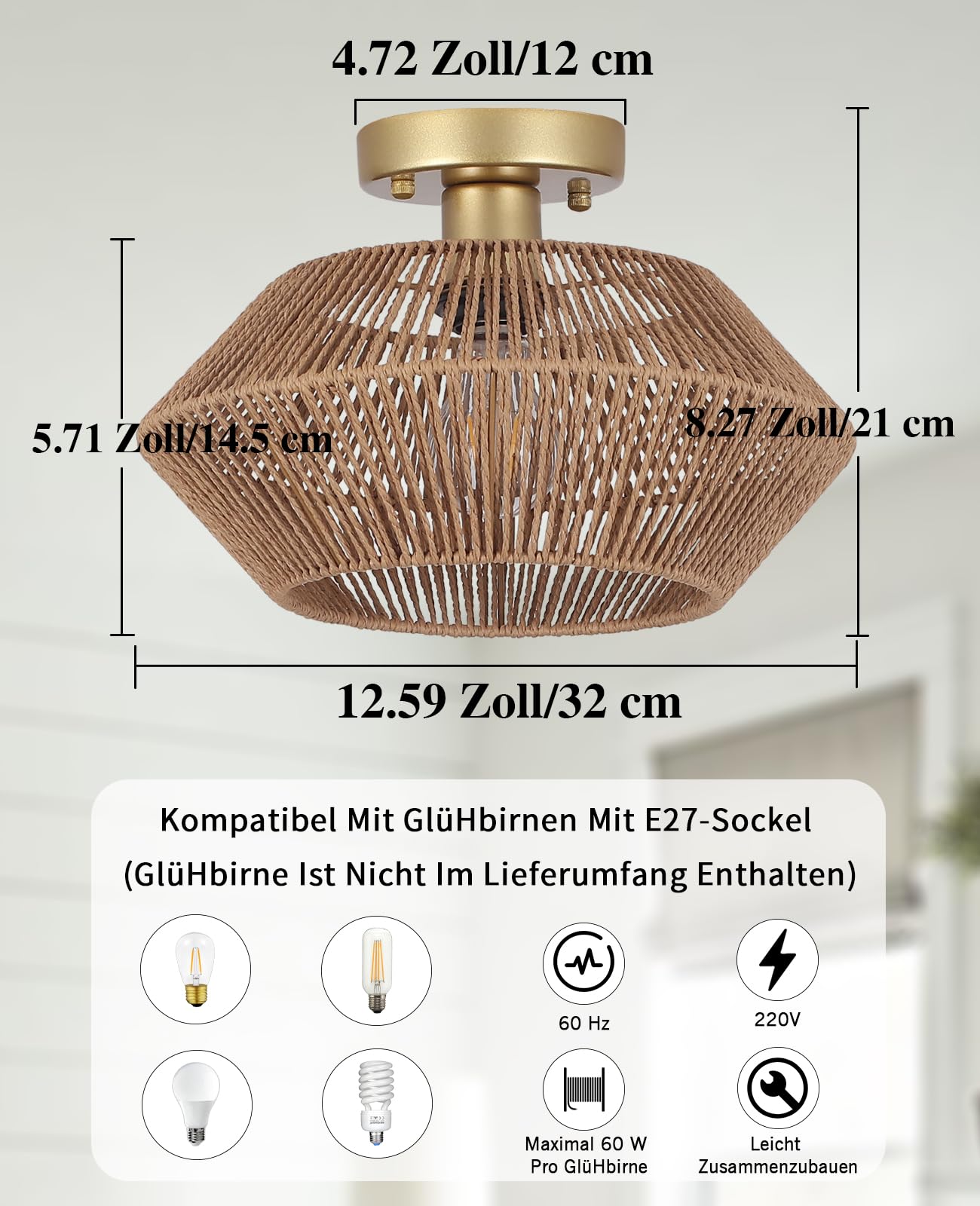 HOMCOM Deckenleuchte Hanfseil-Schirm, LED, für Schlafzimmer, Wohnzimmer, Mehrfarbig, Deckenlampe HOMCOM Deckenleuchte Hanfseil-Schirm, LED, für Schlafzimmer, Wohnzimmer, Mehrfarbig, Deckenlampe