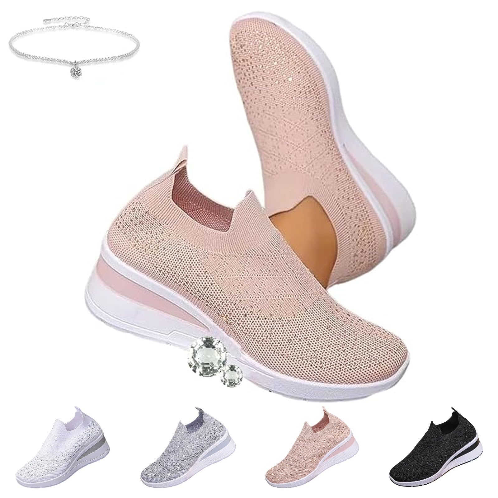 Tenis de cuña transpirables con diamantes de imitación brillantes para mujer, de malla, sin cordones, con plataforma de cuña ortopédica, brillantes para boda, zapatos de tenis de punto para novia