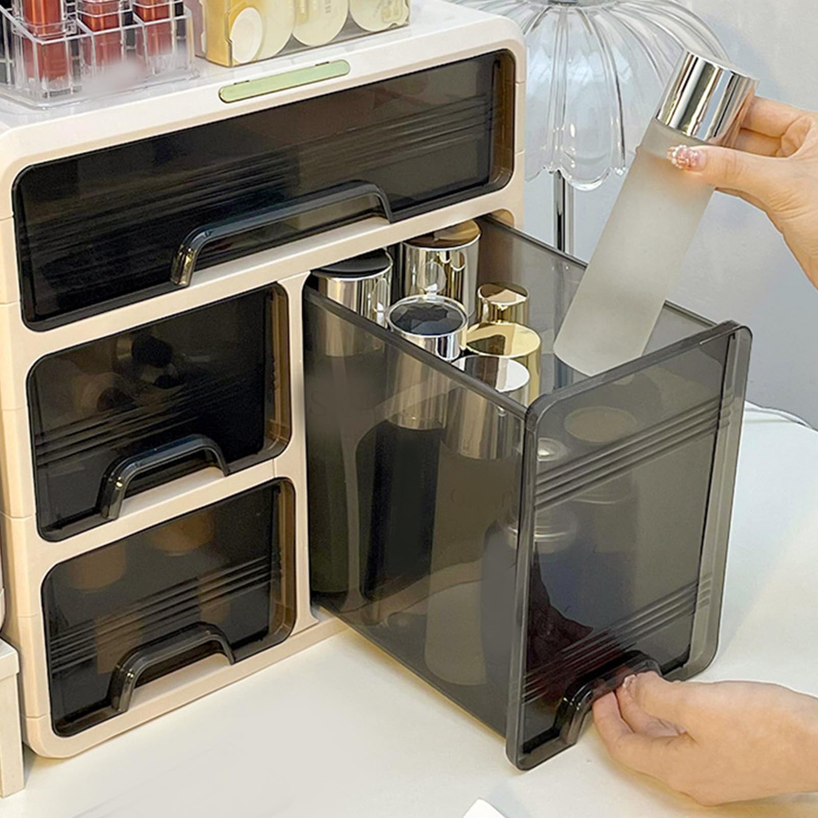 Organizer da scrivania con cassetto, scatola portaoggetti da scrivania in plastica, durevole, resistente agli urti, robusta organizzazione per l'home office, crema (3 livelli)