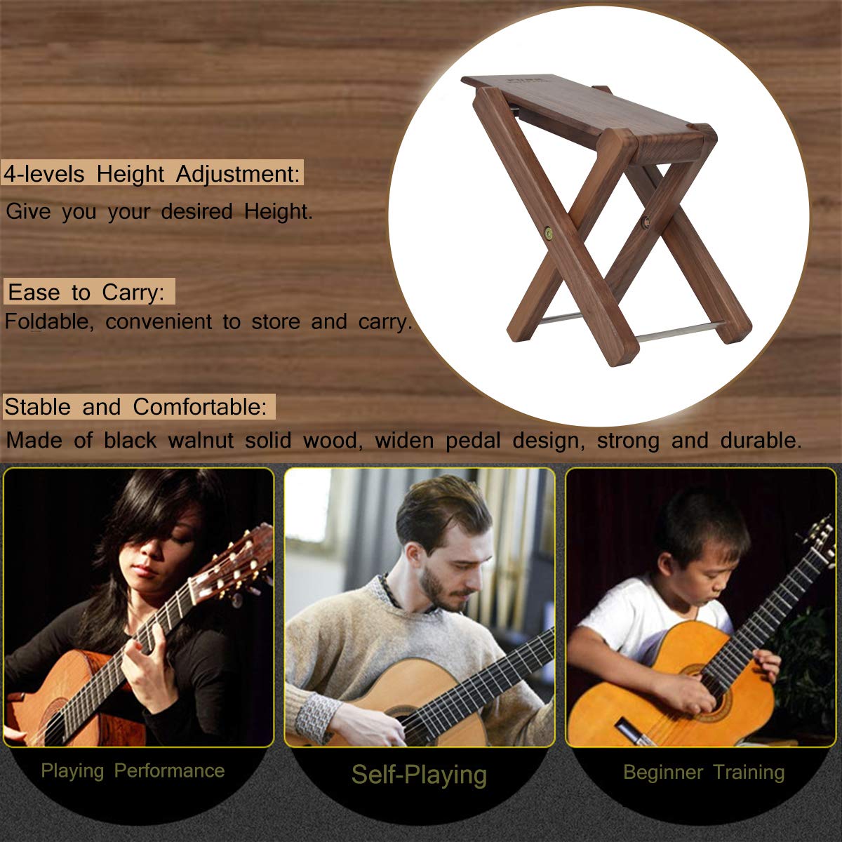 Sgabello Pedale Pieghevole a 4 Livelli in Legno Massello - Chitarra Poggiapiedi con Pedale