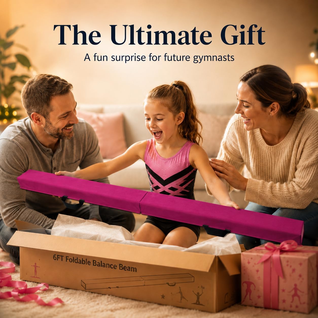 Gymnastics Balance Beam 6FT Pink Soft Suede Floor Beams For Kids | cheerleading training mat, non slip fabric padding, toddler safe tumbling baseboard for girls gift, home playroom gear