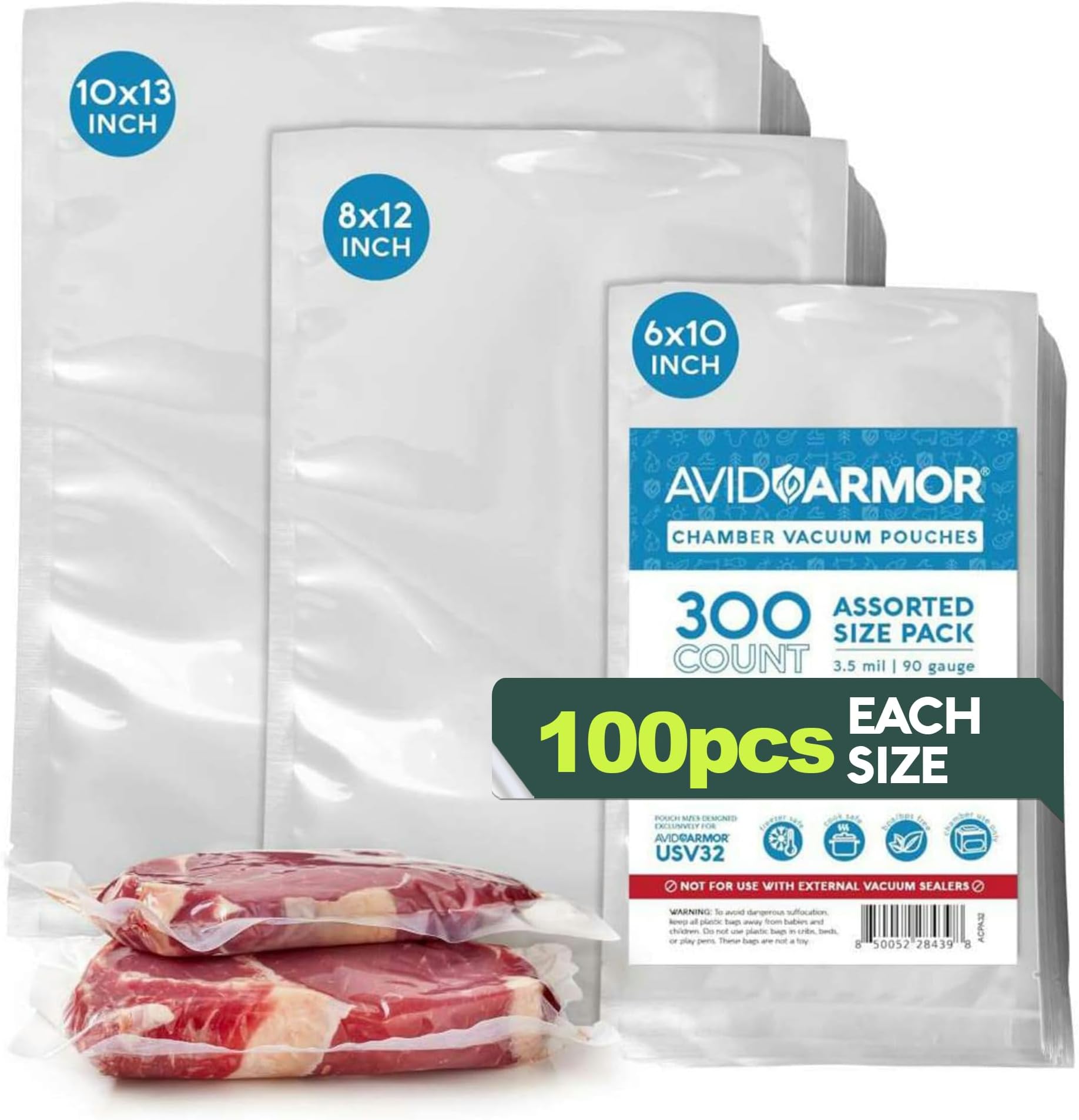 Avid Armor – Chamber Machine Pouches 3.5mil, Pre-Cut Chamber Vacuum Sealer Bags, Heavy Duty Seal Pouch, BPA-Free Chamber Sealer, Assorted Size Pack, 6"x10", 8"x12", 10"x13" - Pack of 300