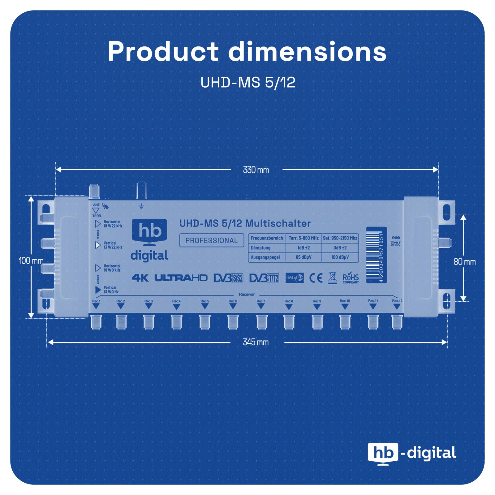 hb-digital Commutatore 5/12 con alimentatore esterno per 12 partecipanti e 1 satellite – adatto solo per Quattro LNB UHD 4K Full HD DVB-S/S2 – ingresso terrestre – connettori F dorati