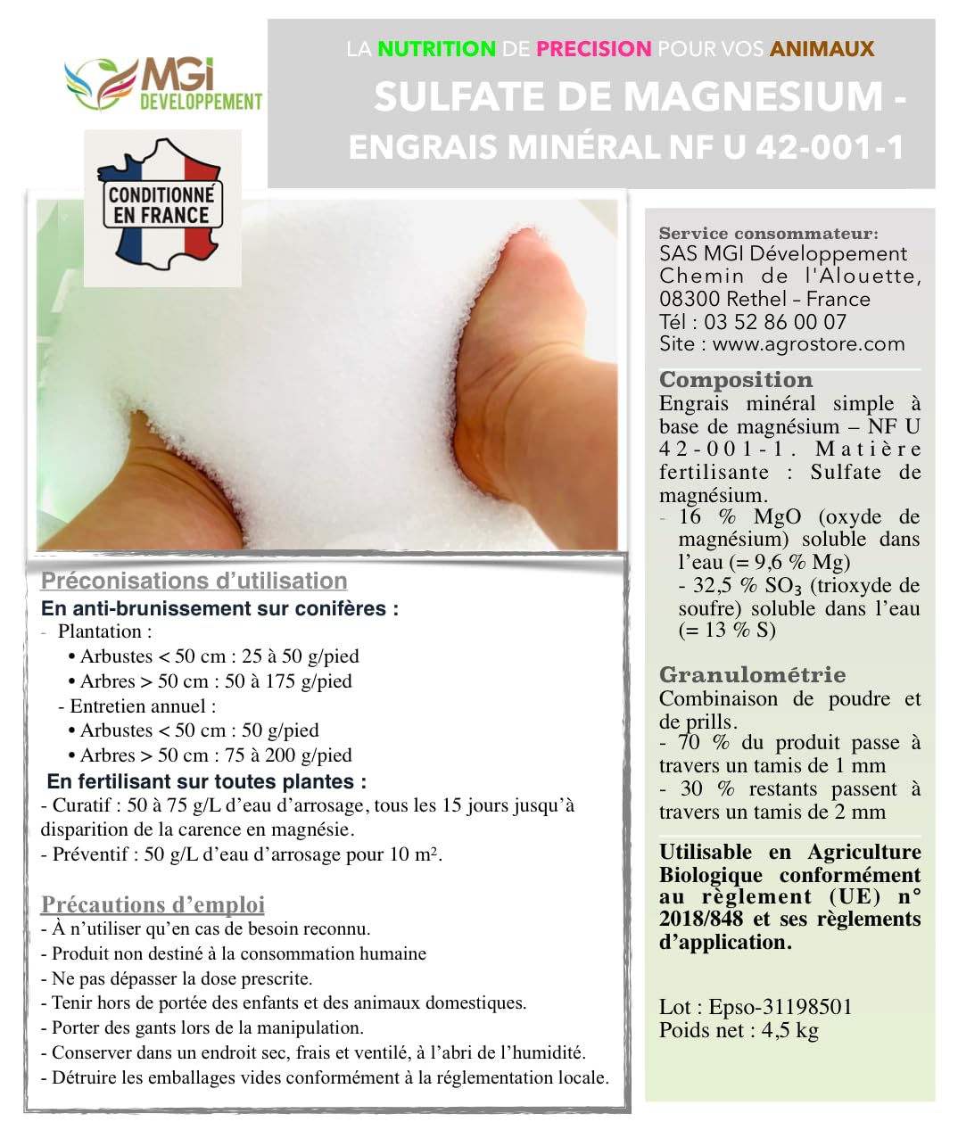 12,5KG Engrais minéral Sulfate de Magnésium – 16% MgO – Anti-carences Magnésie – Anti-brunissement NF U 42-001-1 – Utilisable en Agriculture Biologique