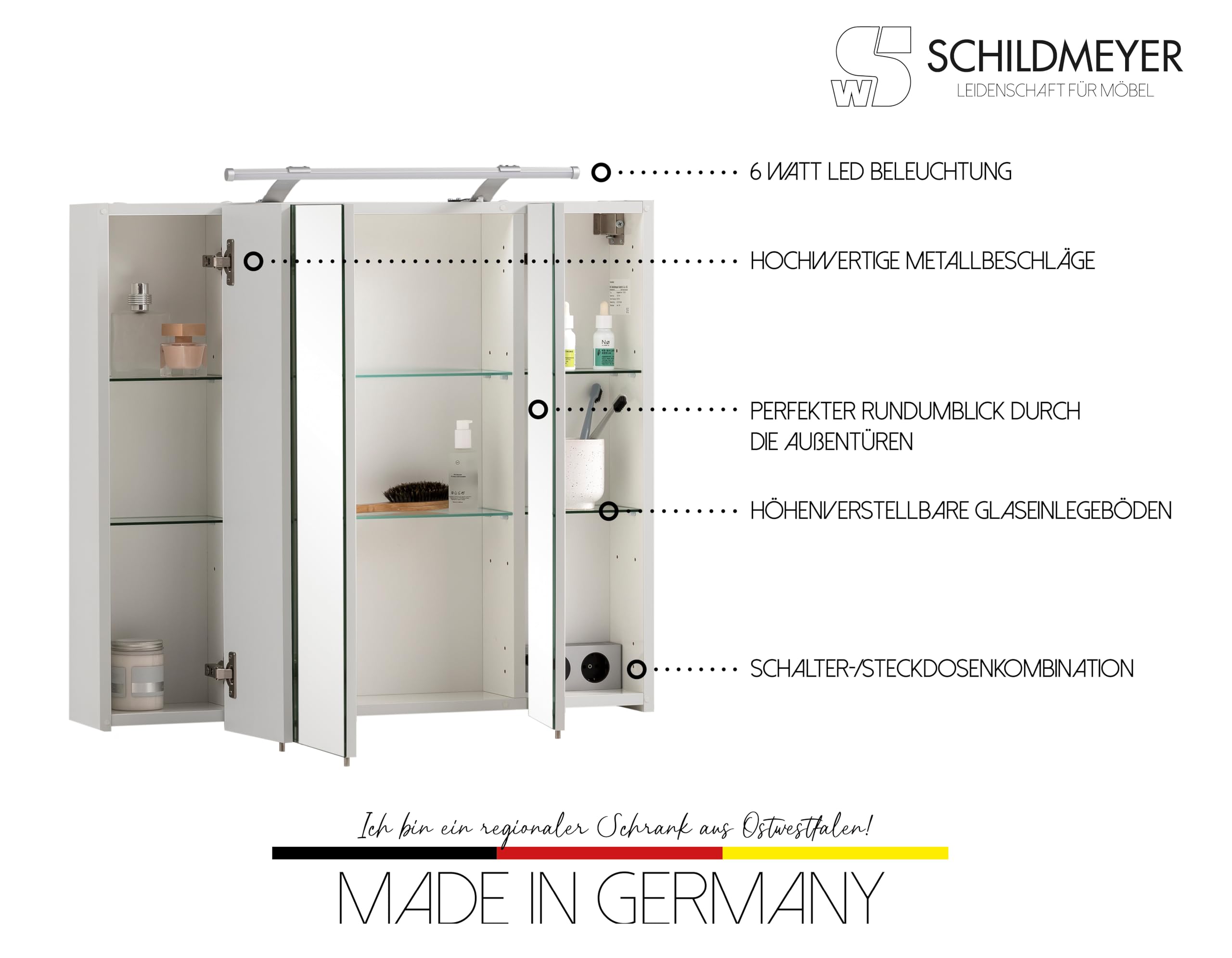 Schildmeyer 125353 - Armadietto a Specchio, Materiale a Base di Legno, Bianco, 80 x 75 x 16 cm