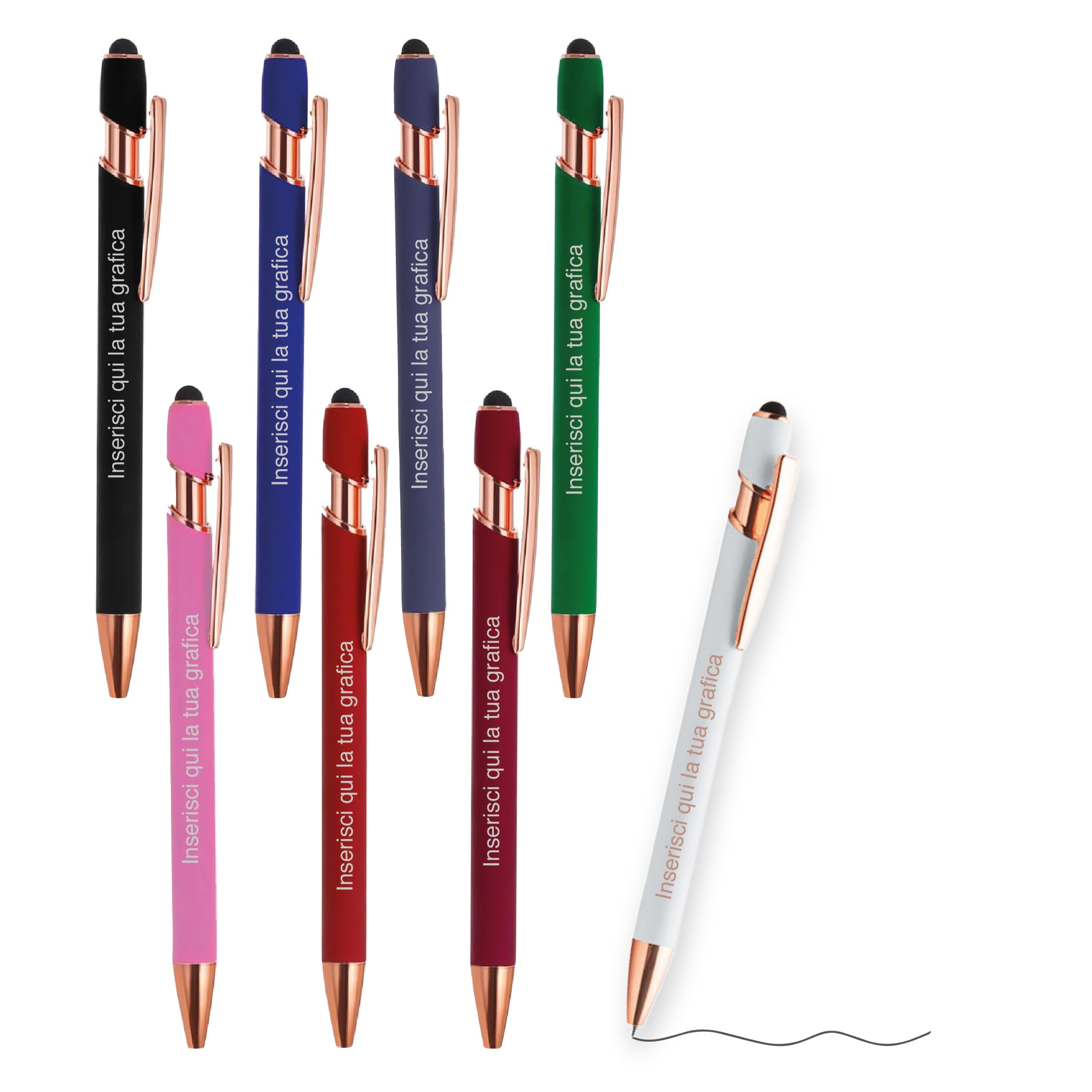 Penna incisa a sfera personalizzabile con incisione di nome o testo, ideale per regali di laurea, compleanni o eventi aziendali. Penna touch con stilo, inchiostro nero. Vari colori disponibili (20)