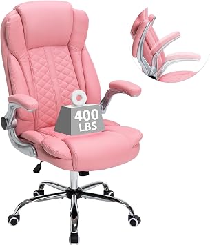400lbs Executive Office Chair with Flip-Up Armrests, Big and Tall Computer Chair for Heavy People, Heavy Duty Ergonomic Comfy Chair, Breathable PU Leather Pink