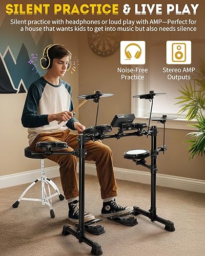 Miniatura 6 de Ktaxon Juego de batería eléctrica, batería electrónica con tambor de malla, platillos, trono ajustable, auriculares, palos, pedales y velcros,