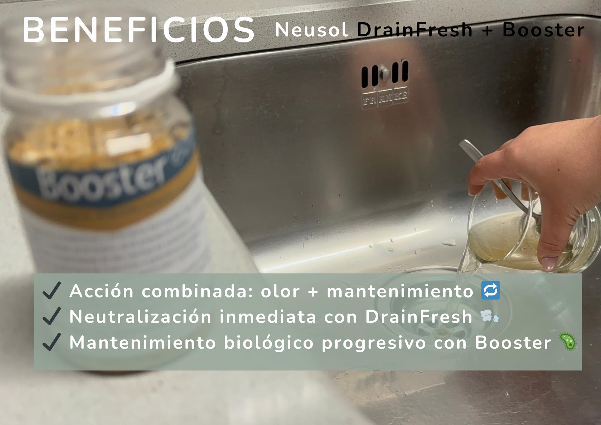 DrainFresh + Booster Pack Olores y Tratamiento Desagües | Acción inmediata + mantenimiento biológico Elimina olor Ayuda a degradar materia orgánica Solución completa para desagües