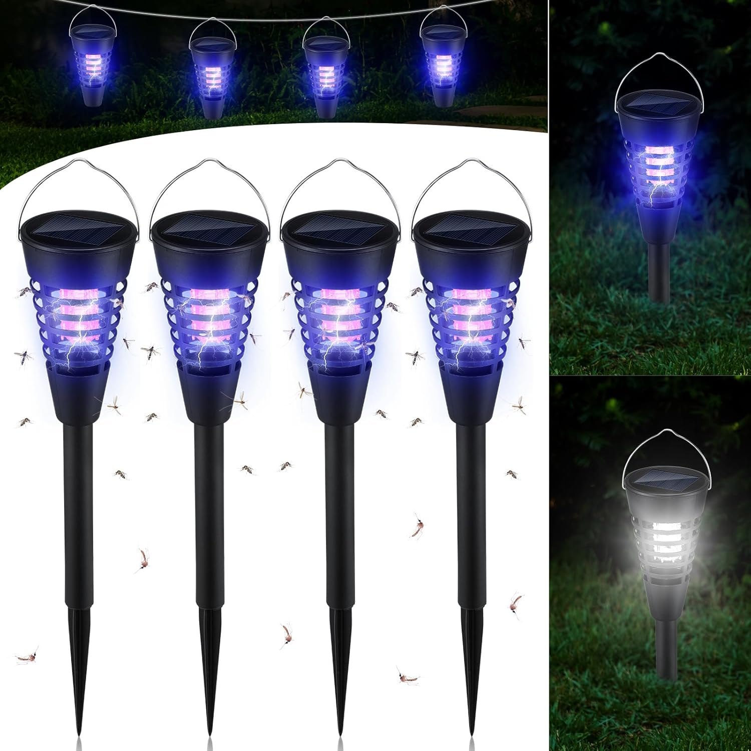 Qualirey 4 Pack Solar Bug Zapper & Mosquito Killer Outdoor Waterproof Cone-Shaped LED Light Mosquito Repellent for Patio, Garden, Yard, Camping - Hanging/Insertion Design (White & Purple Light)
