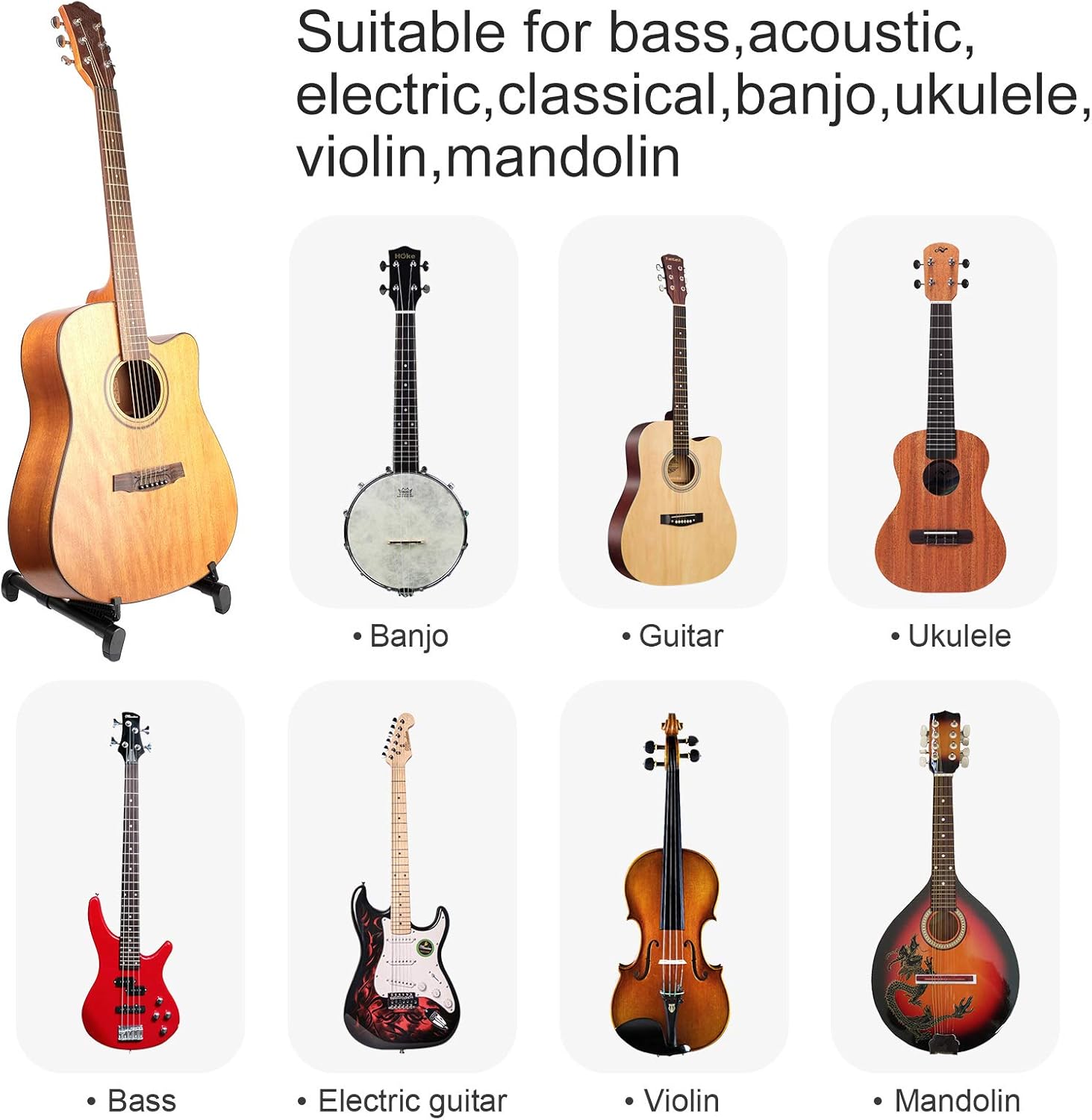 Eison Folding Guitar Stand - Lightweight Adjustable Floor Holder With 8 Picks, Portable A Frame Aluminium Music Stand for Acoustic Electric Guitars, Bass, Violin, Ukulele, Mandolin, Banjo