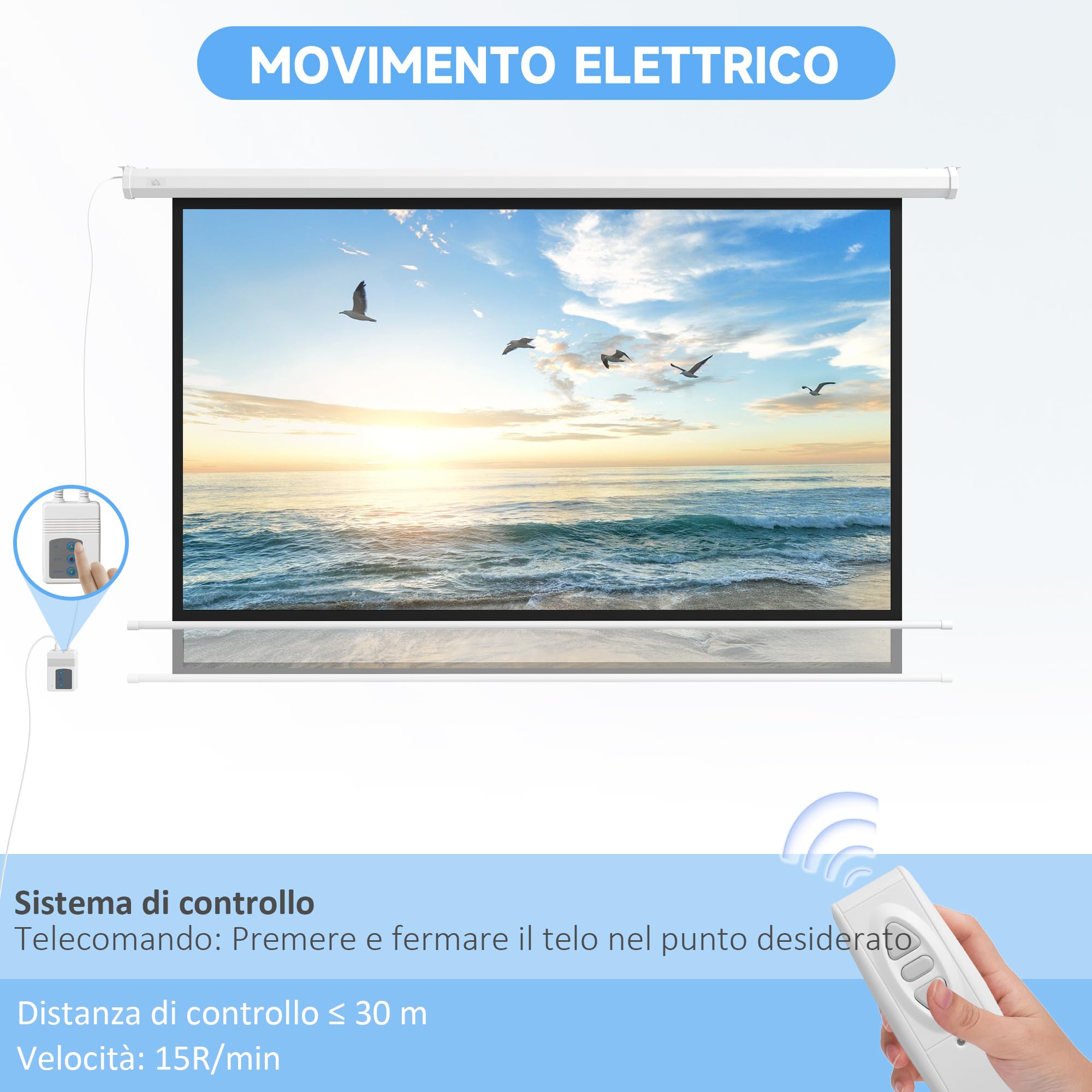 HOMCOM Telo Proiettore Motorizzato da 84 Pollici 4K HD Formato 16:9, Schermo Proiettore Motorizzato Elettrico con Telecomando, Telo Videoproiettore per Casa, Cinema, Ufficio, Home, 215x140 cm, Bianco