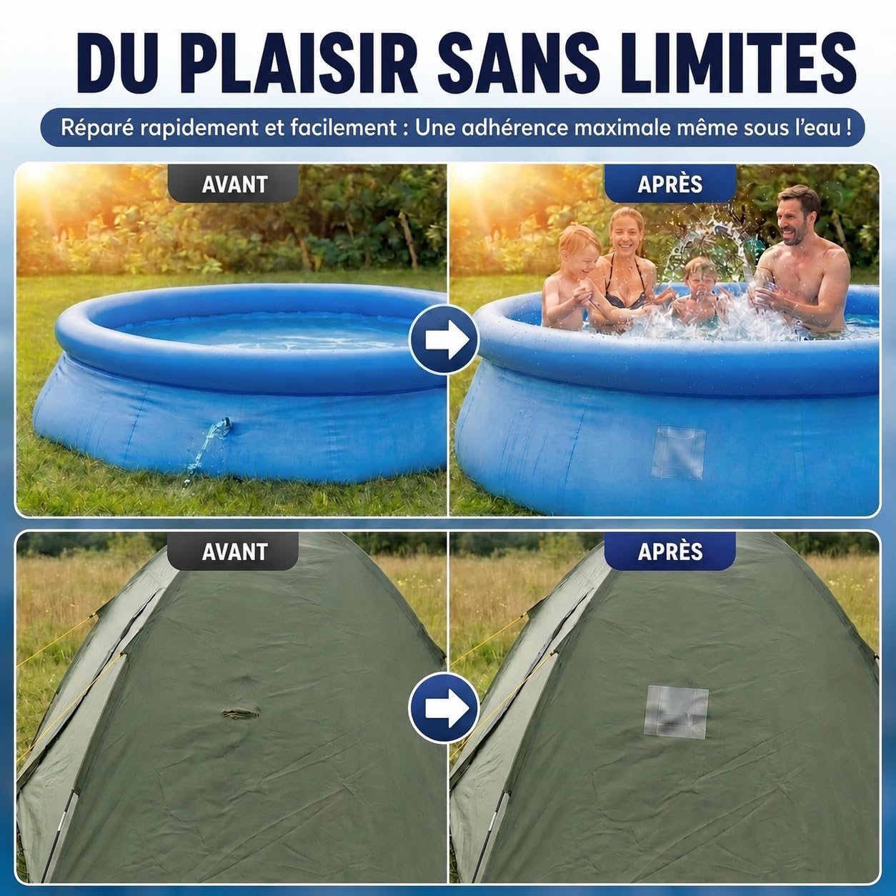 ATG® Kit réparation piscine sous l’eau scotch étanche transparent 10×150 cm ruban adhésif liner PVC