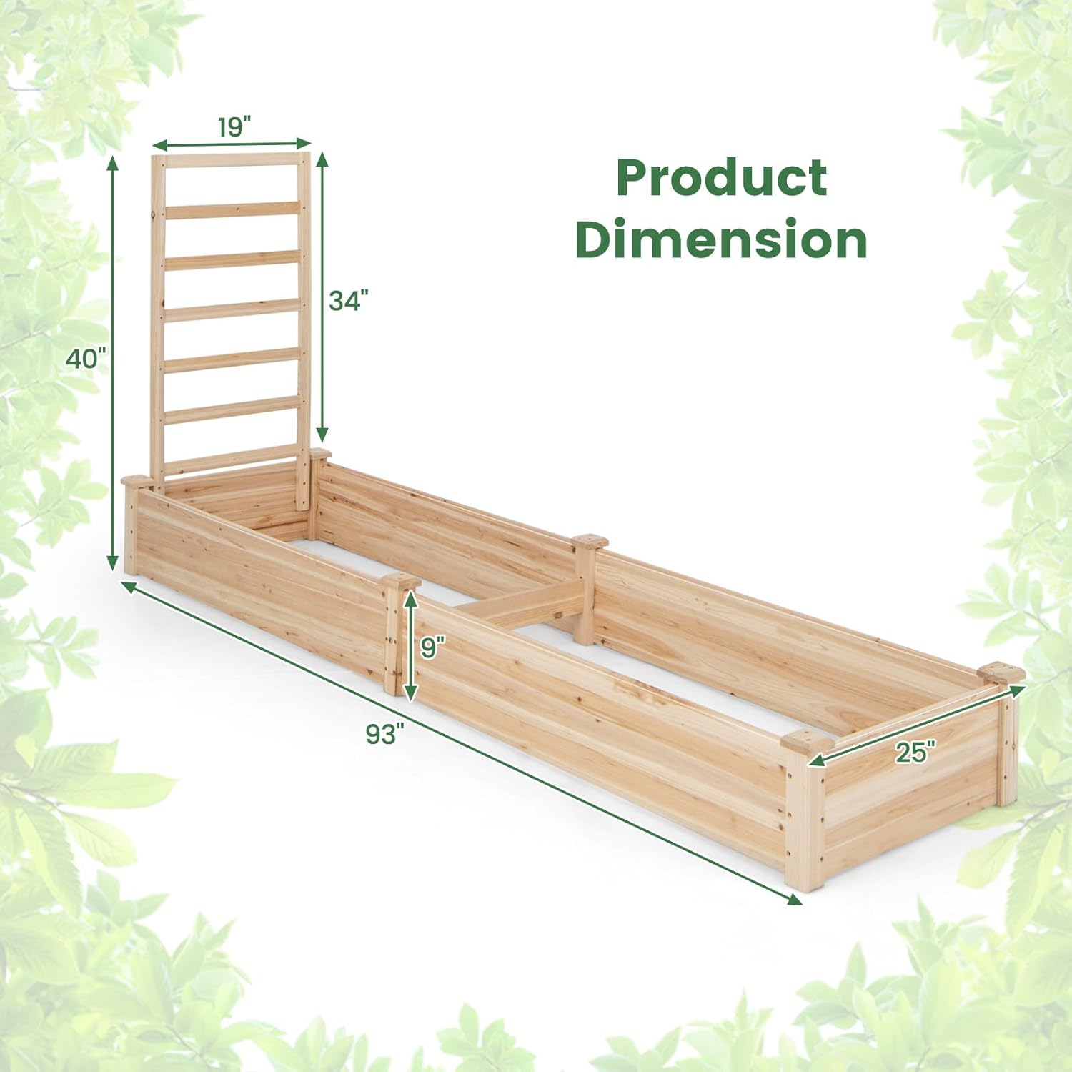 Diagram showing the dimensions of the Giantex Raised Garden Bed with Trellis, including length, width, and height of both the bed and the trellis.