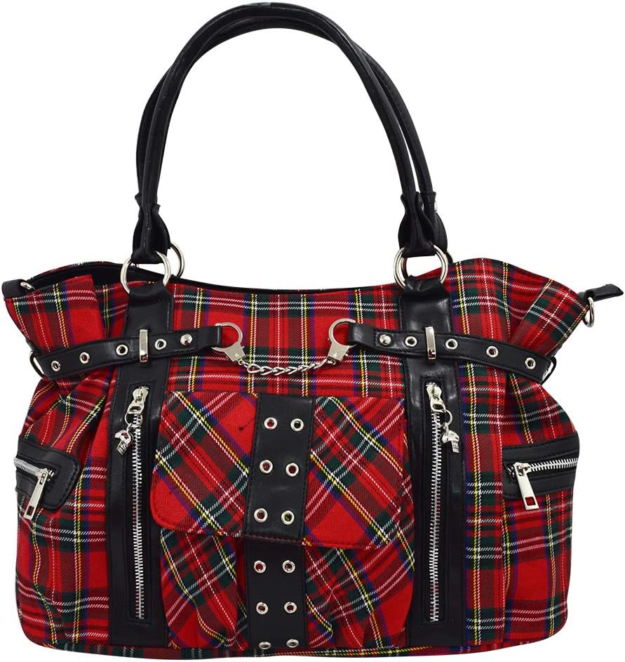 Lost Queen Red Royal Stewart tartan Plaid Punk Rock Purse with Handcuff Skull Charm, Large