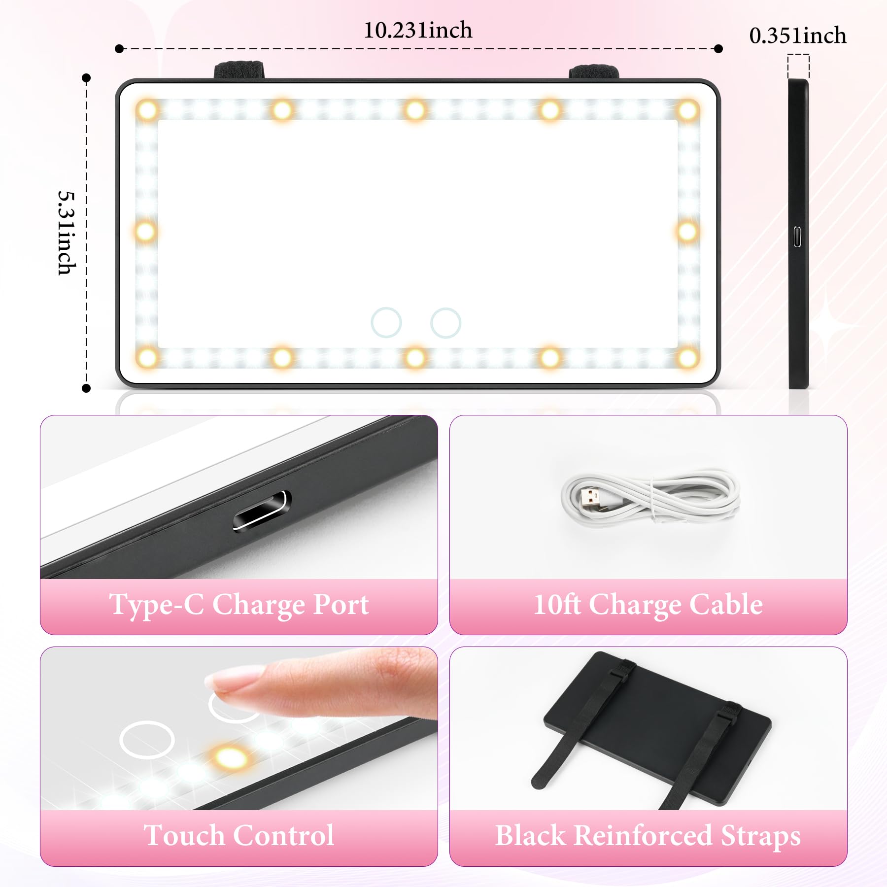 SINGARO Car Sun Visor Vanity Mirror - Rechargeable Makeup Mirror with 60 LEDs 3 Light Modes Dimmable Touch — view 4