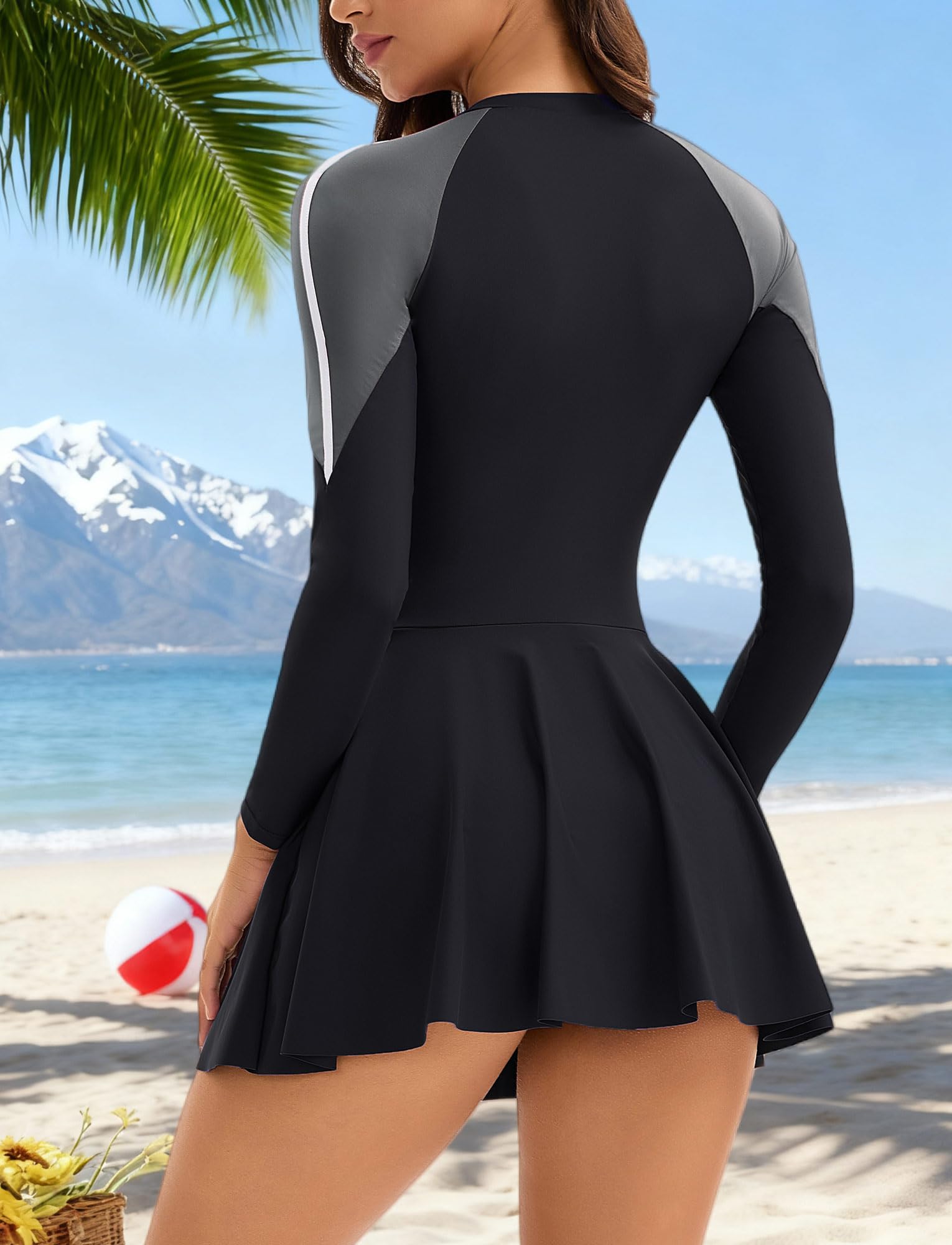 FEOYA Damen-Badeanzug mit Shorts, Einteiler, Rashguard, Reißverschluss, langärmelig, mit abnehmbaren Körbchen