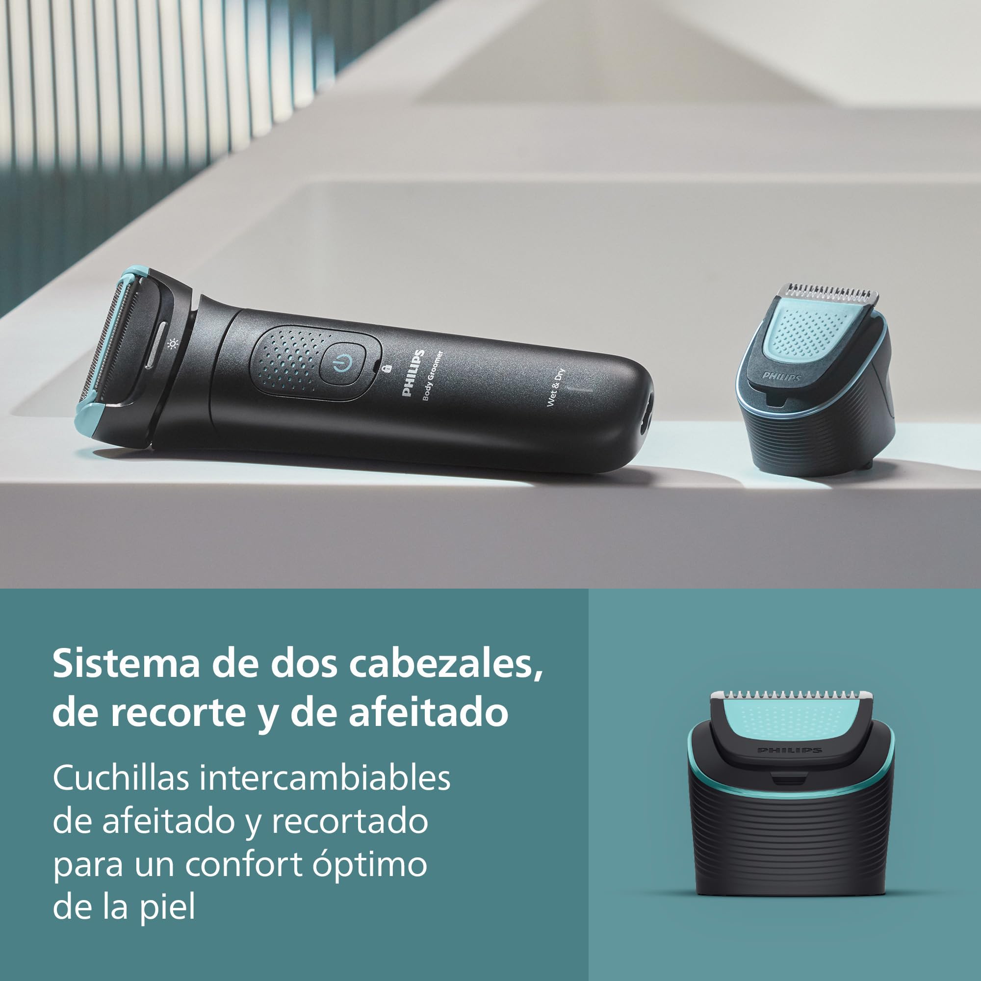 Philips Afeitadora Corporal S7000 - Recortadora para Hombre con Cabezal Pivotante Intercambiable 2D, Sistema Triple Protect, Apta para la Ducha y la Zona Íntima, 120 min. de Autonomía, BG7480/15