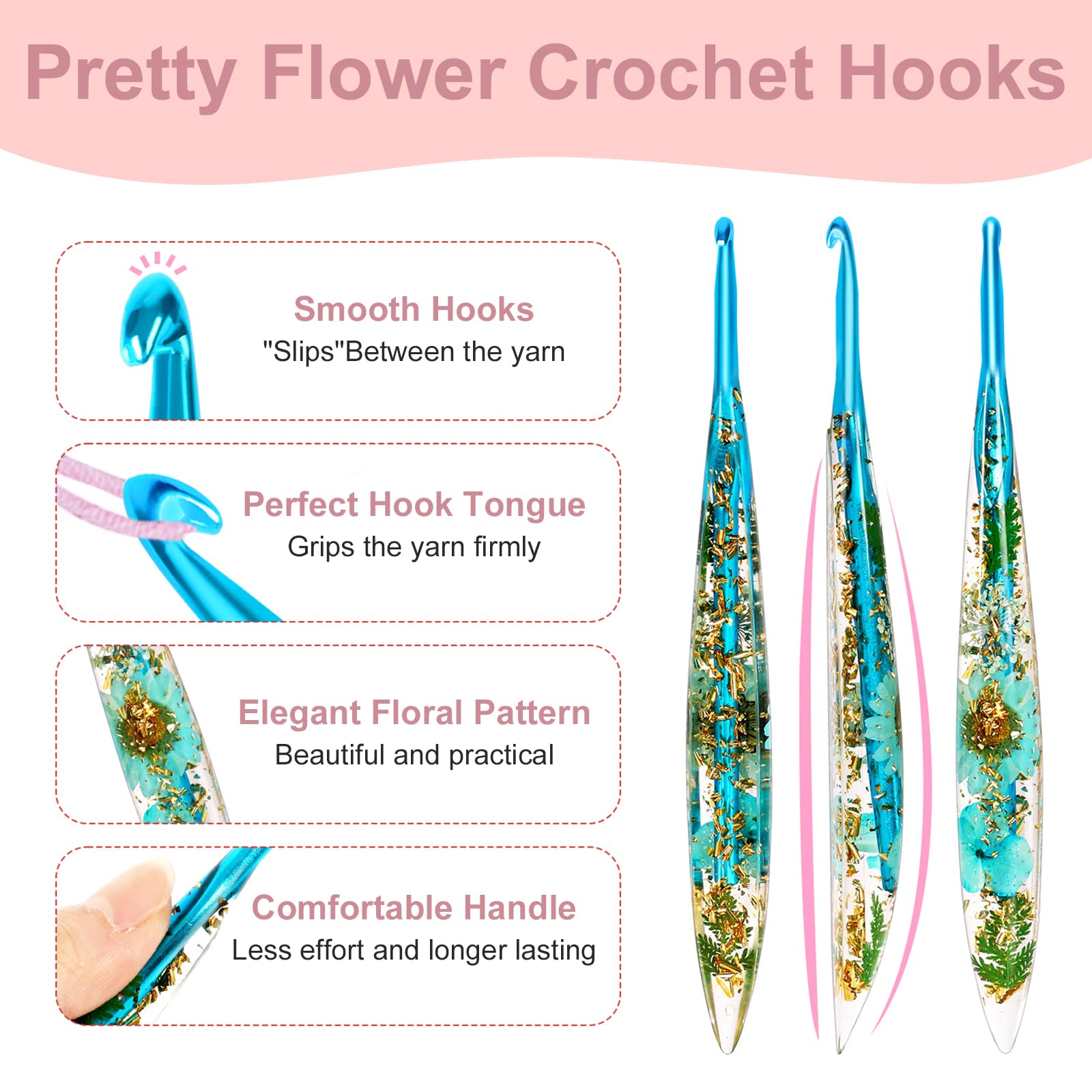 Häkelnadel Set, 9 Stück Häkelset für Anfänger Erwachsene, 2-6 mm Häkel Set Stricknadeln mit Ergonomische Epoxidharz Comfort Grip, Weichen Griff Häkelnadeln mit Funkelndem Blumenmuster