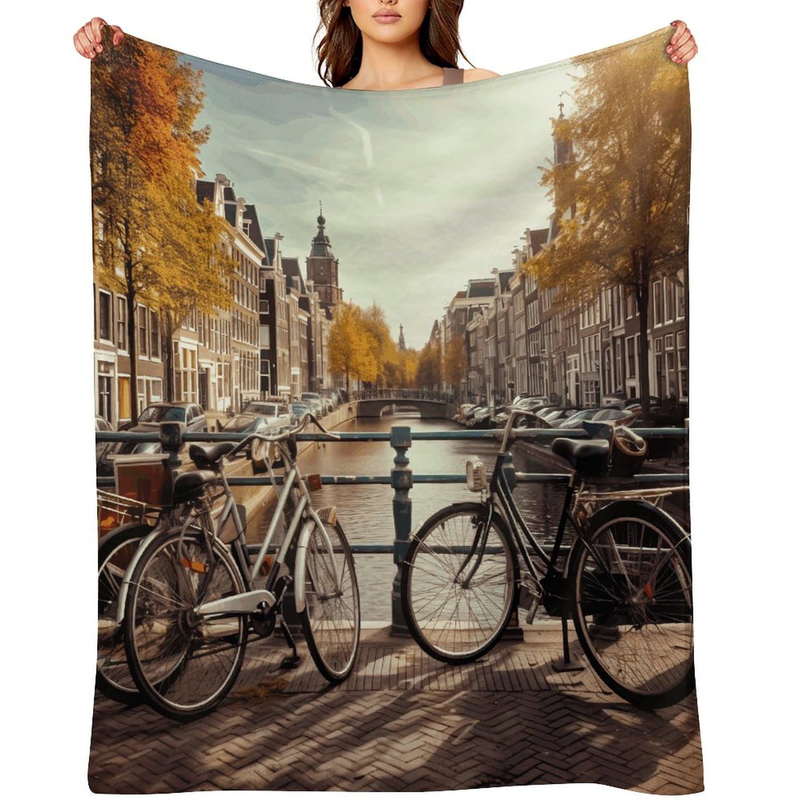 Flannel Fleece Throw Blanket - 40"x50" Super Soft Plush,Lightweight Wrinkle Resistant Cozy Bicycles in Amsterdam Blanket for Couch Sofa Bed Travel Camping and Gift