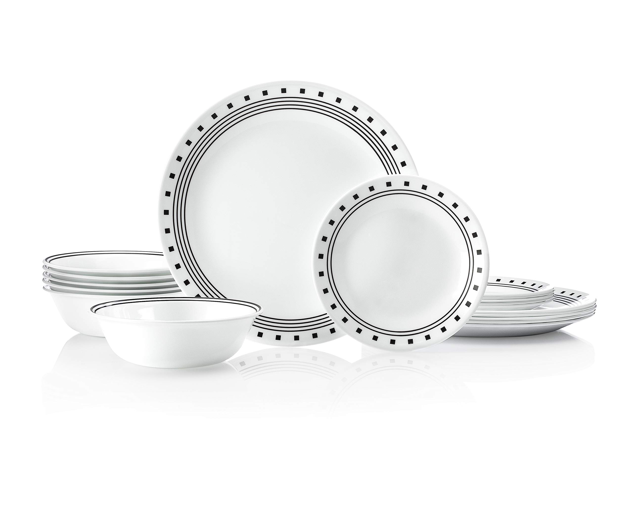 corelle vitrelle 18-piece service for 6 dinnerware set triple layer glass and chip resistant, lightweight round plates and bowls set, city block
