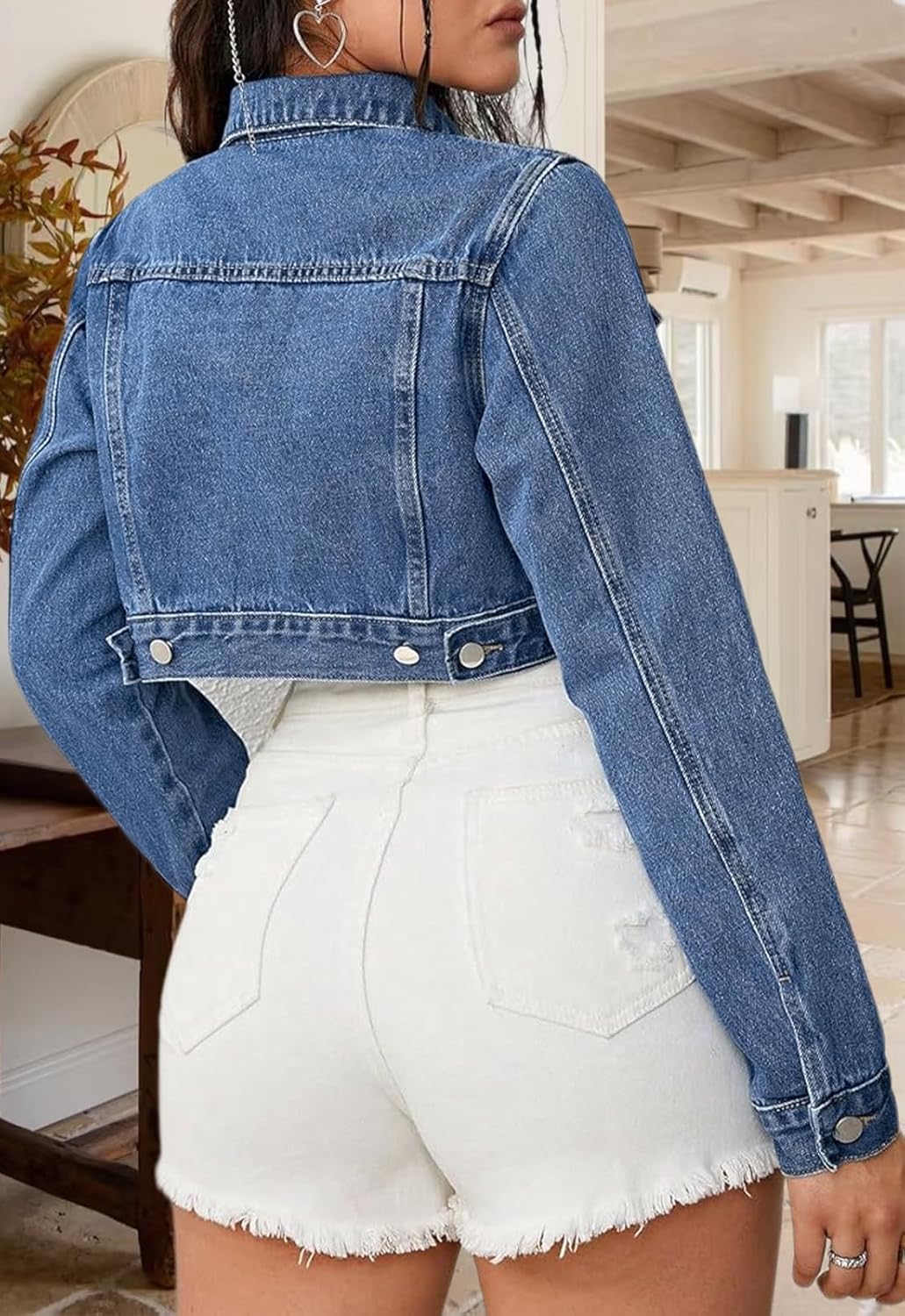 Women's Cropped Denim Jean Jacket Button Down Frayed Washed Long Sleeve Casual Jacket Coats - Image 4