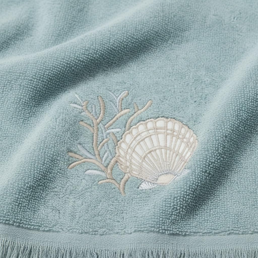 Avanti Linens – Fingertip Towel Set, 100% Cotton Velour Bathroom Towels with Embroidery & Absorbent Terry Reverse, Coastal Home Decor, Set of 2 (Sand Shells Collection)