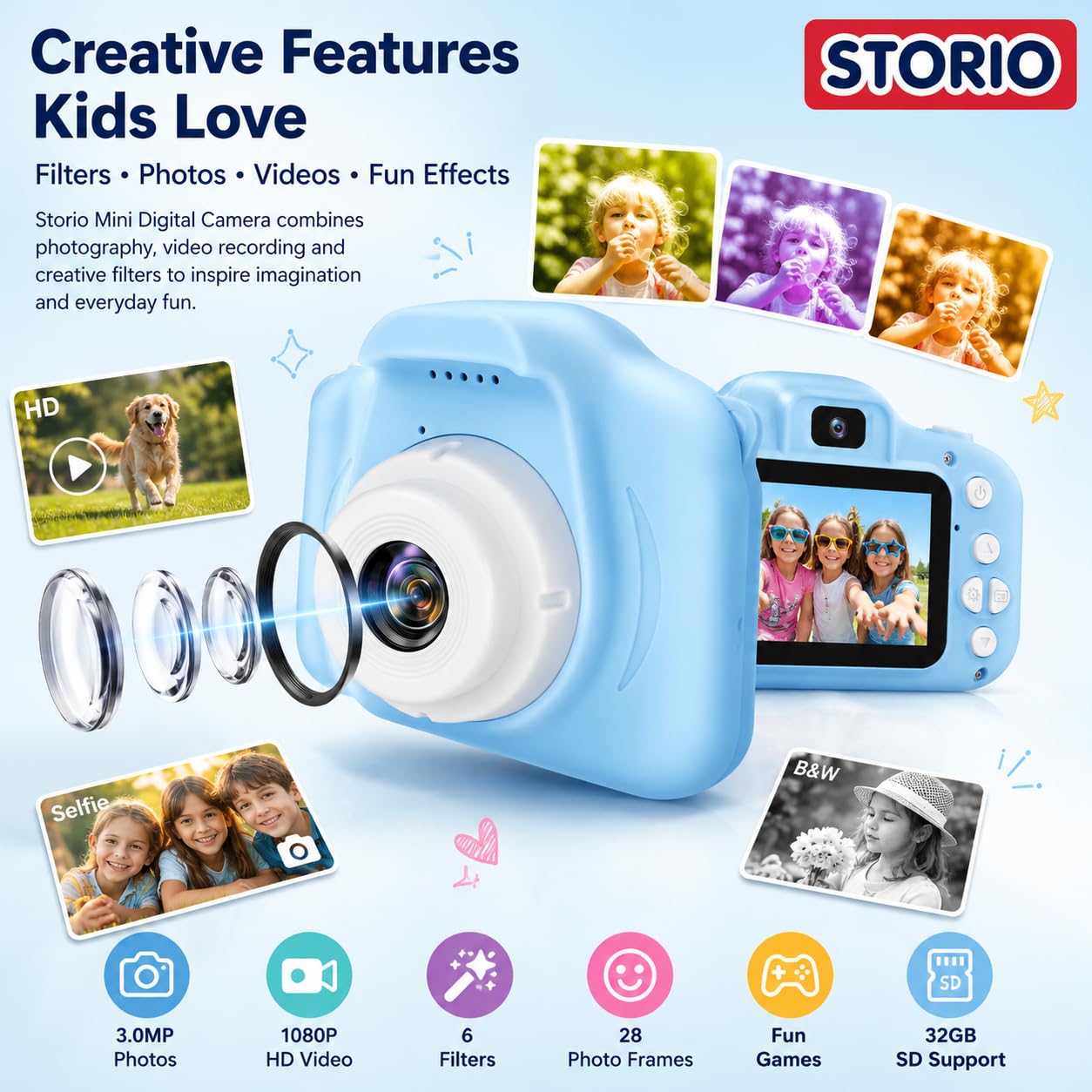 Storio Rechargeable Kids Camera Toy 3.0MP - Blue | 1080P Video Camera with 2-Inch Screen Supports 32GB with Games,Filters,Time-Lapse Educational Birthday Gift for Boys & Girls Age 3–12 — Amazon image 4