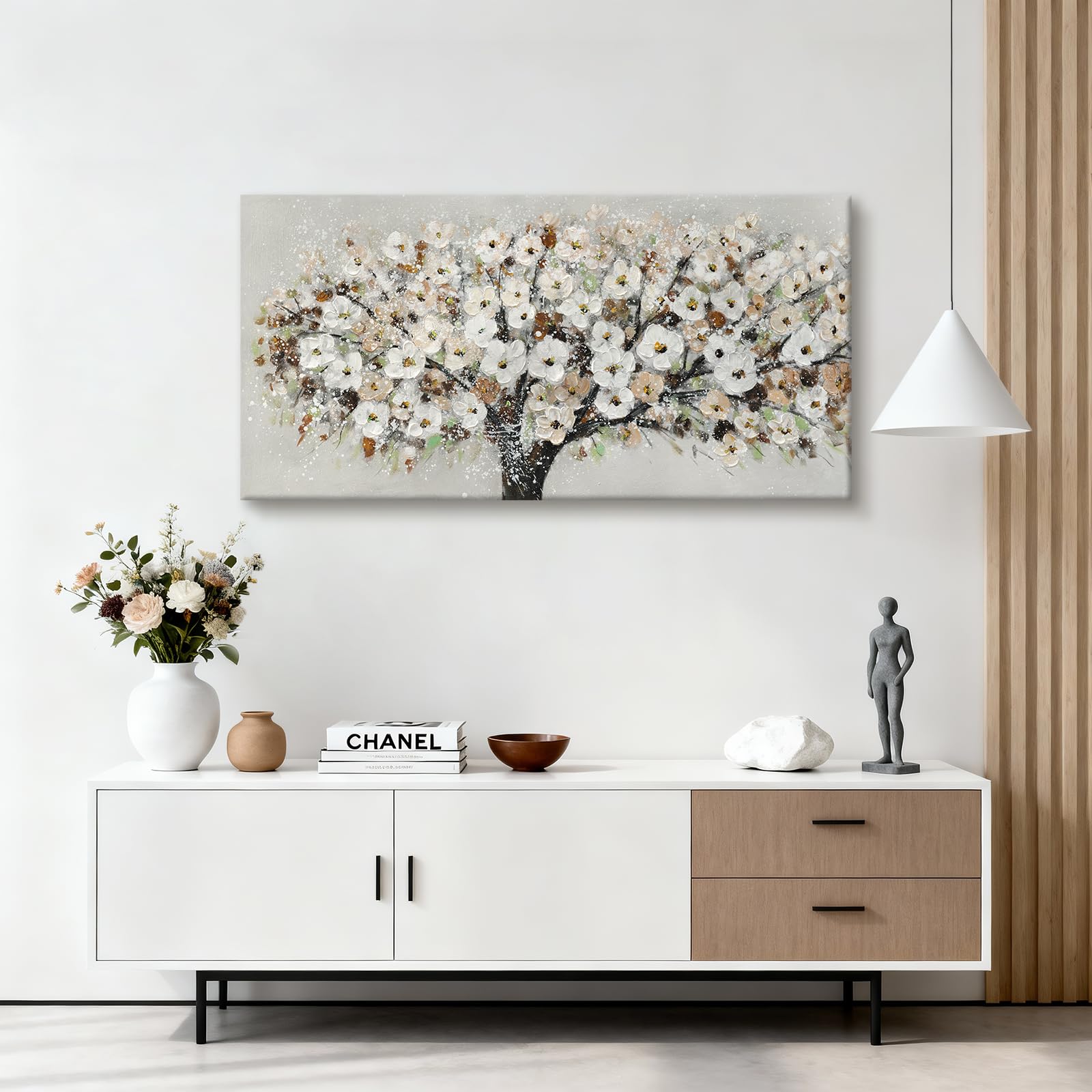 WENGTIAO Grande Albero Floreale Quadro Dipinto a Mano, Pittura Acrilica, Quadri Moderni Astratta con Texture, Quadro Fiori Bianco su Tela per Soggiorno Decorazioni Parete 120x60 cm