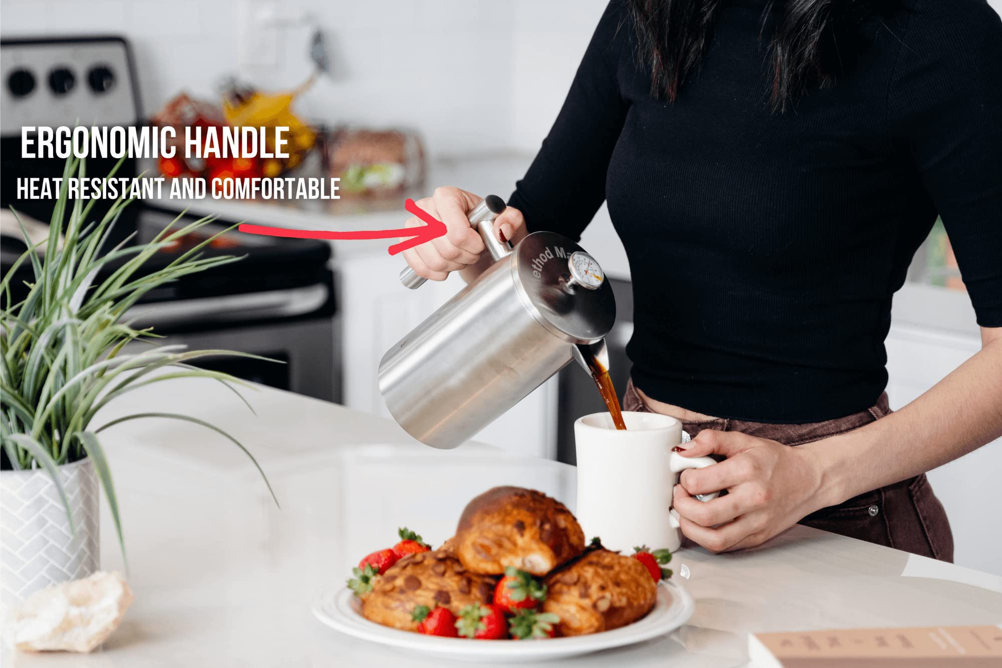 Prensa francesa con termómetro, prensa de café aislada, cafetera de prensa francesa de acero inoxidable (1.0L | 34 fl oz) (negro) 4
