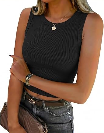 iGENJUN Women Tank Tops Built in Bra Removable Light Support Ribbed Round Neck Sexy Sleeveless Cute Crop Top Summer