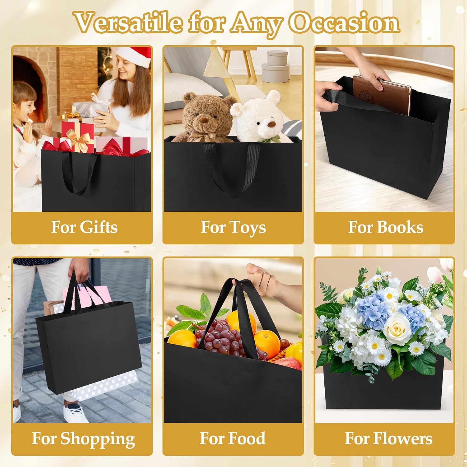 Epoesch Extra Large Black Gift Bags with Handles and Tissue Paper, 16x6x12 Inch 3 Pack Paper Bags Bulk for Birthdays Party, Shopping, Weddings, Valentine's Day, Easter, Anniversaries (Black Extra Large-3Pcs) - Image 6