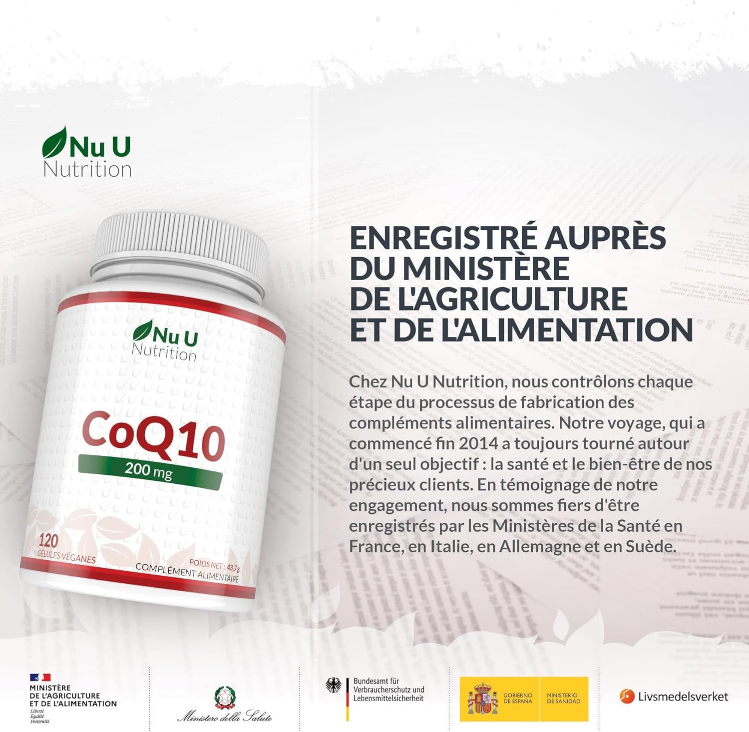 Coenzyme Q10 200mg – 120 Gélules Véganes – 2 Mois d’Approvisionnement – 100mg de CoQ10 par Gélule – 100% Ubiquinone Pure Fermentée Naturellement – Fabriqué en Europe – Nu U Nutrition